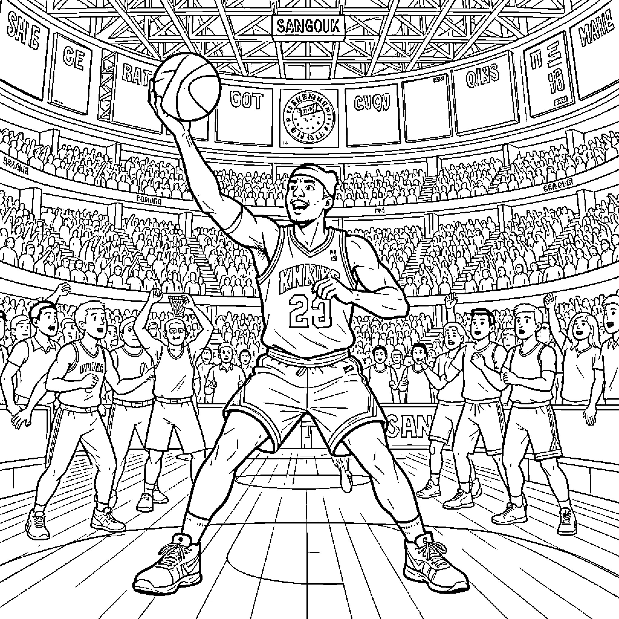 Sangoku basketball player performing a slam dunk in arena Coloring Page (free black-and-white line drawing printable PDF for all, from beginners to advanced learners, including children, teens, adults, and seniors)