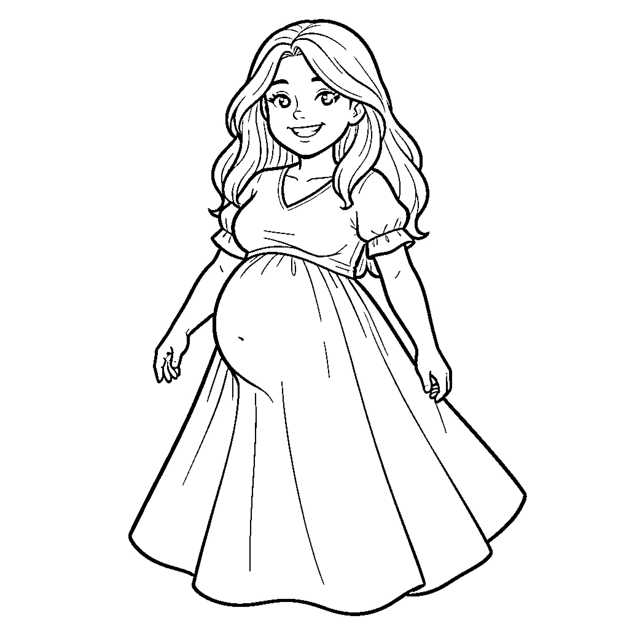 Daphne Blake's pregnant joy in flowing dress Coloring Page (free black-and-white line drawing printable PDF for all, from beginners to advanced learners, including children, teens, adults, and seniors)