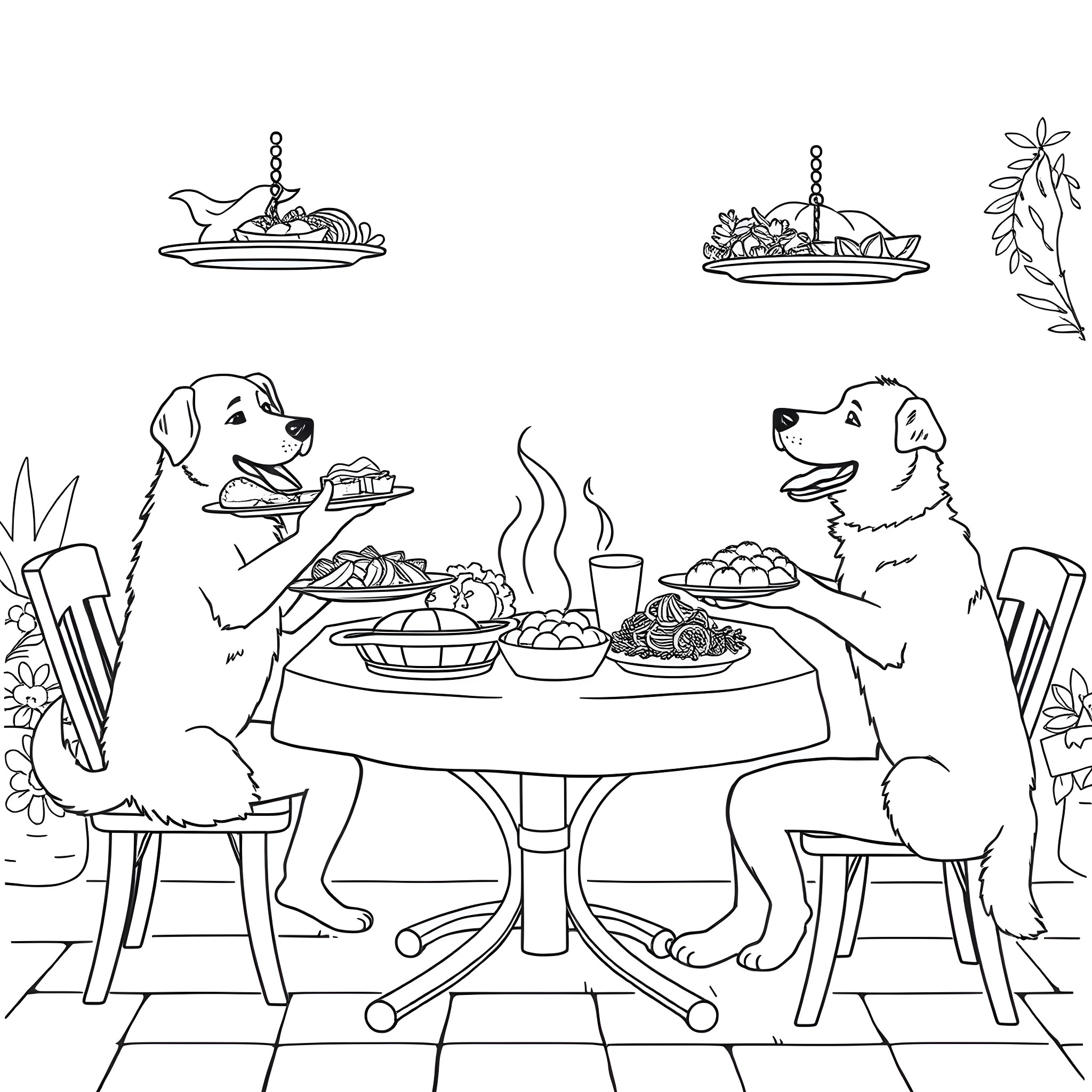 Dogs enjoying a meal together at the table Coloring Page (free black-and-white line drawing printable PDF for all, from beginners to advanced learners, including children, teens, adults, and seniors)