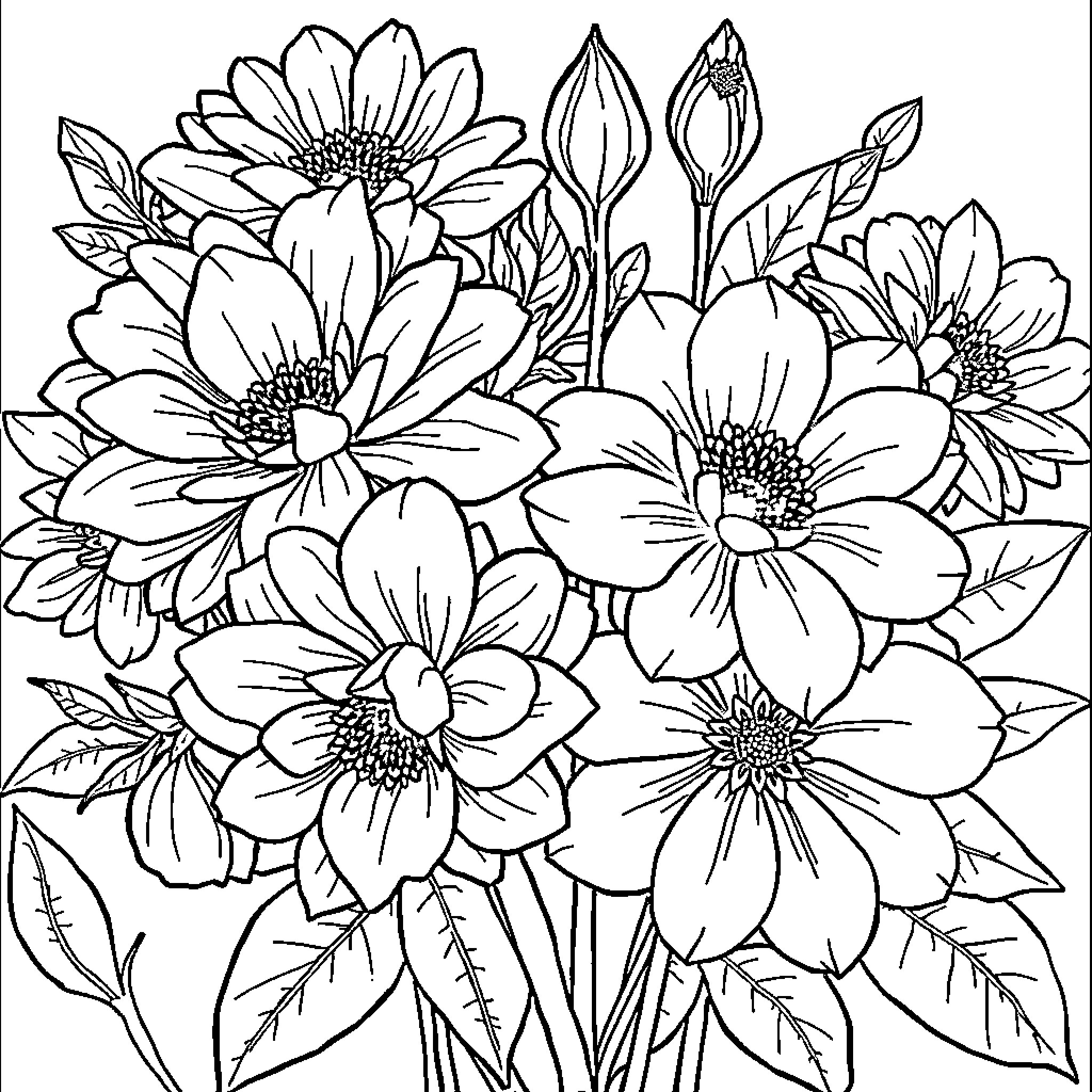 Flower Bouquet in Bloom Coloring Page (free black-and-white line drawing printable PDF for all, from beginners to advanced learners, including children, teens, adults, and seniors)