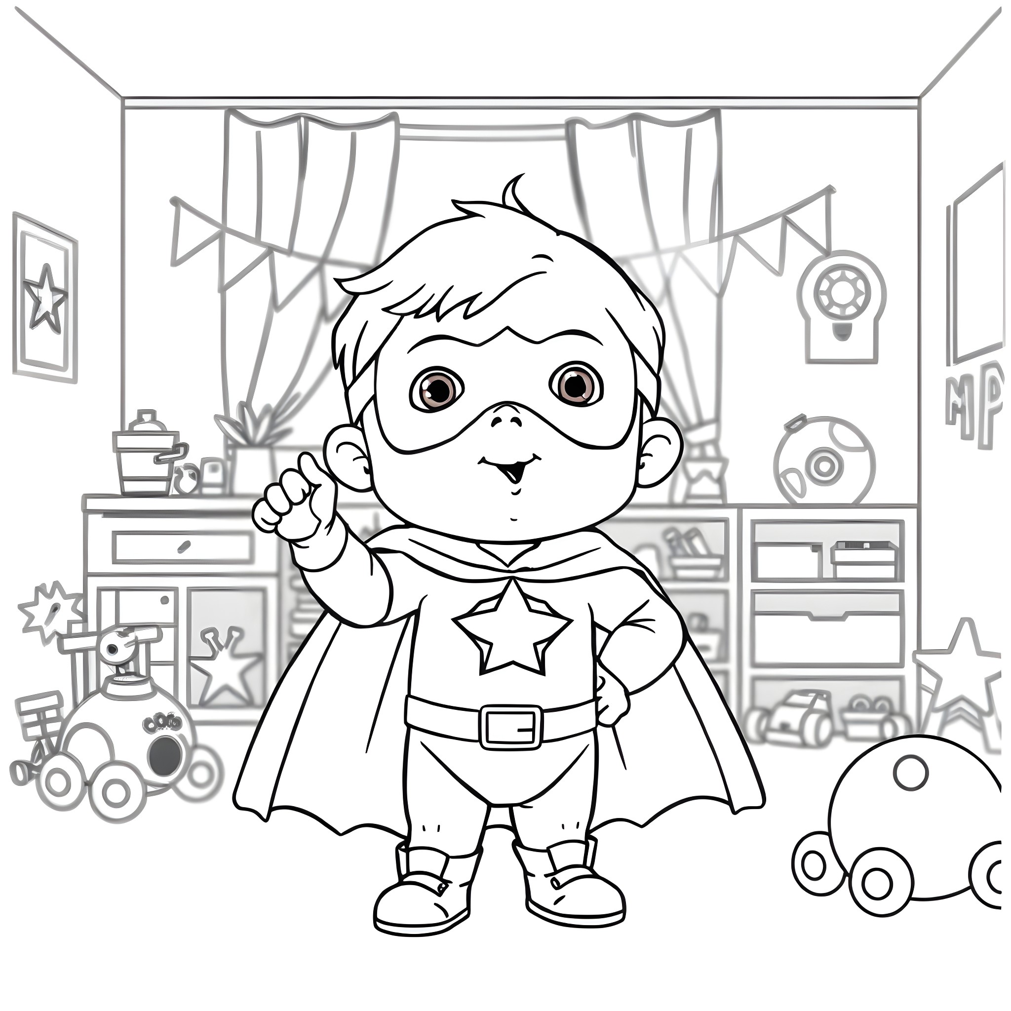 Superhero kid in action-packed playroom Coloring Page (free black-and-white line drawing printable PDF for all, from beginners to advanced learners, including children, teens, adults, and seniors)