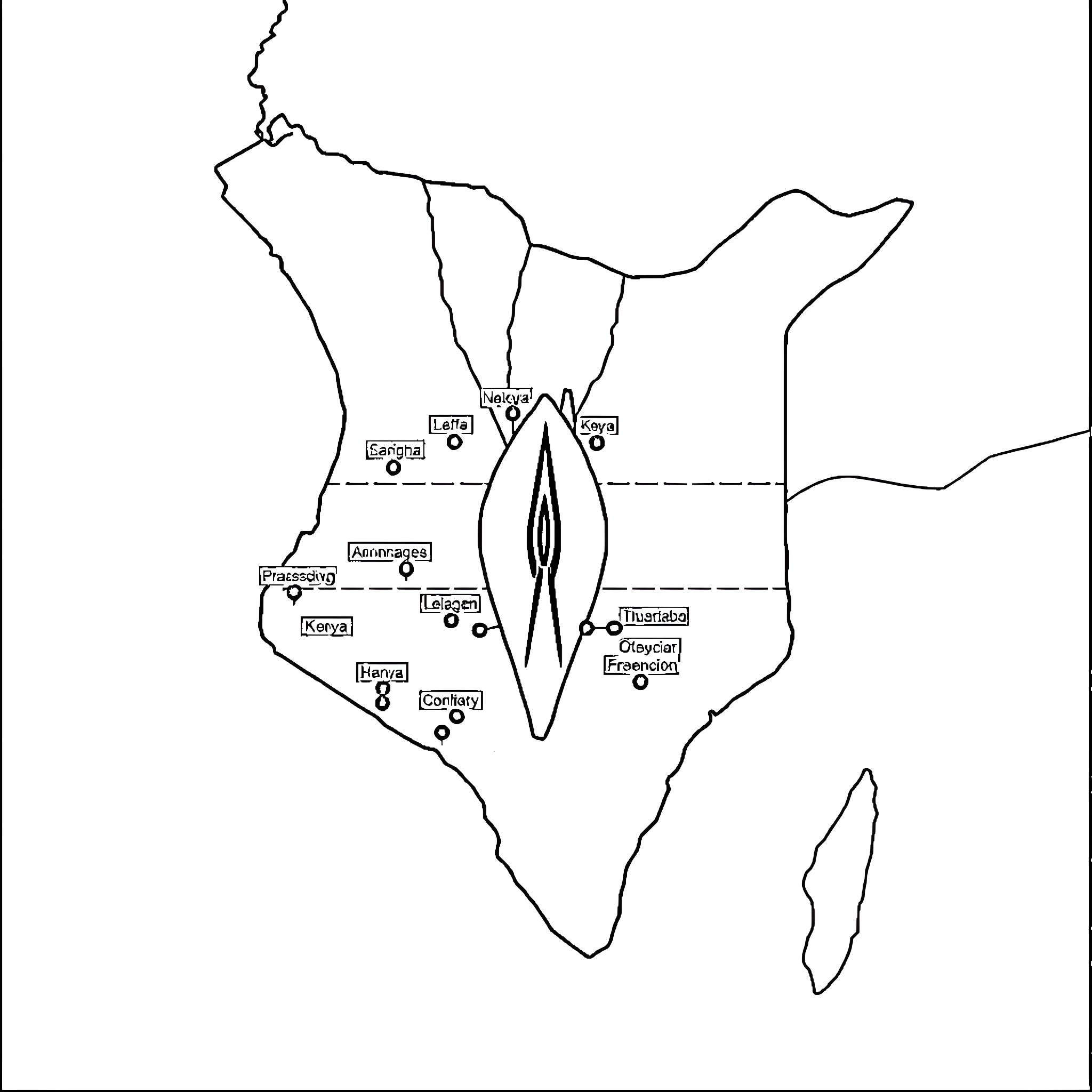 Kenya outline map with geographic locations Coloring Page (free black-and-white line drawing printable PDF for all, from beginners to advanced learners, including children, teens, adults, and seniors)