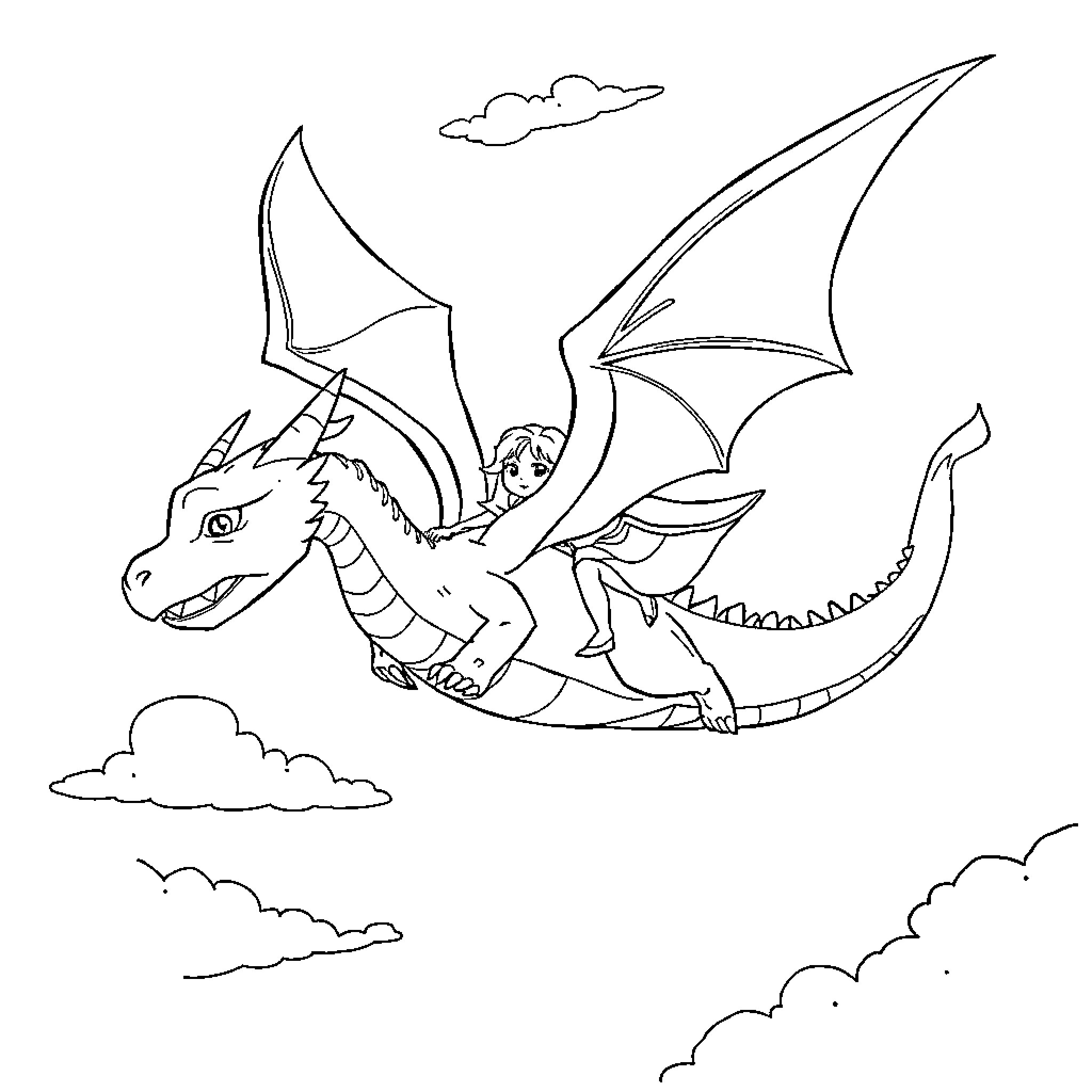 Dragon soaring through the clouds with rider Coloring Page (free black-and-white line drawing printable PDF for all, from beginners to advanced learners, including children, teens, adults, and seniors)
