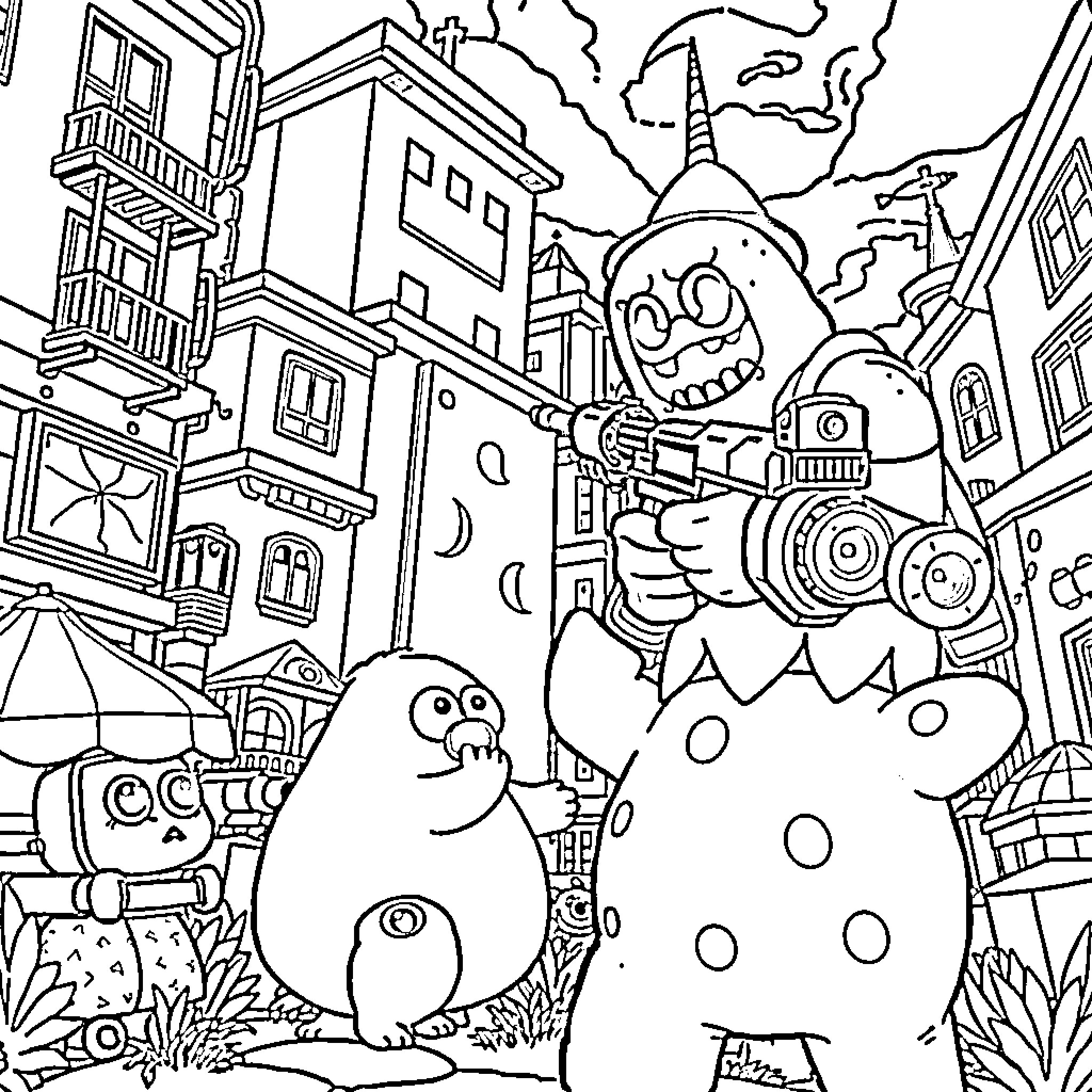 Grabber's Animated Antics in the City Coloring Page (free black-and-white line drawing printable PDF for all, from beginners to advanced learners, including children, teens, adults, and seniors)