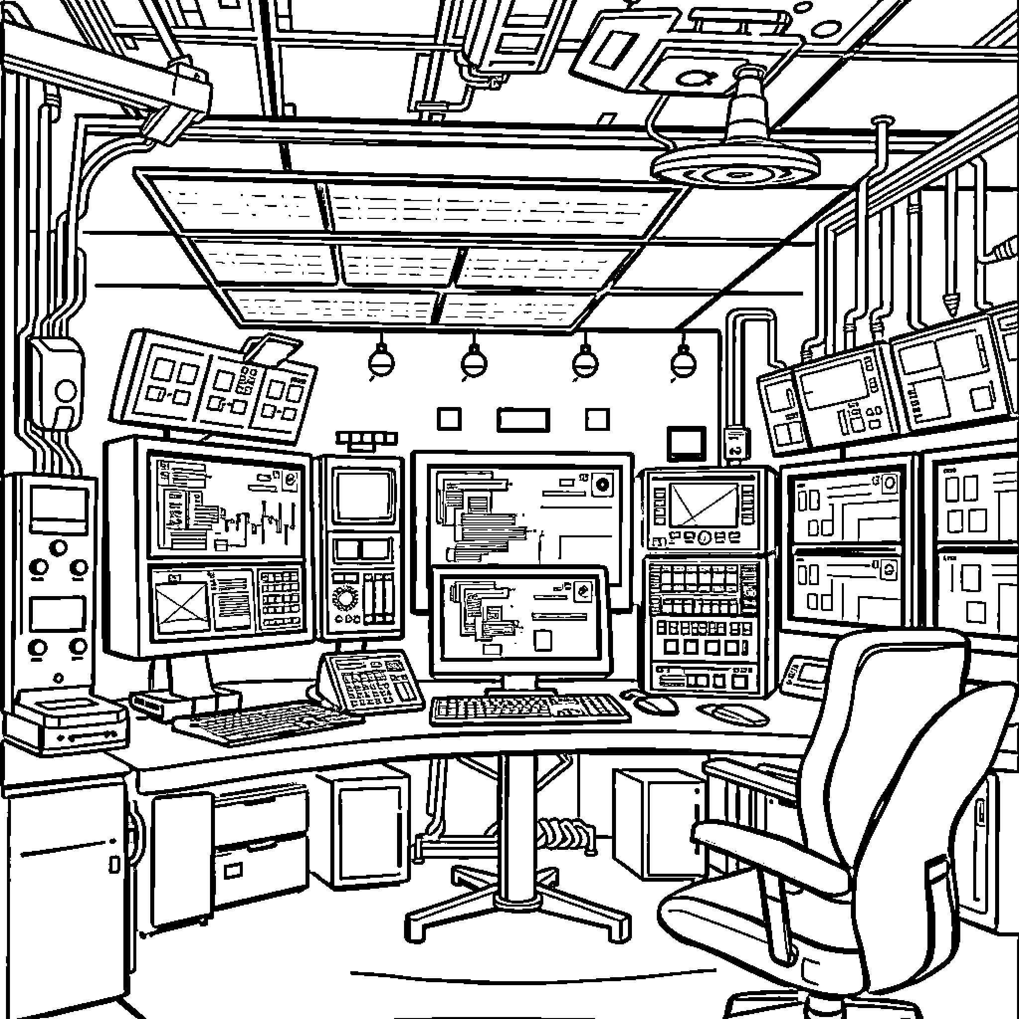 PLC Control Room with Technical Equipment Coloring Page (free black-and-white line drawing printable PDF for all, from beginners to advanced learners, including children, teens, adults, and seniors)