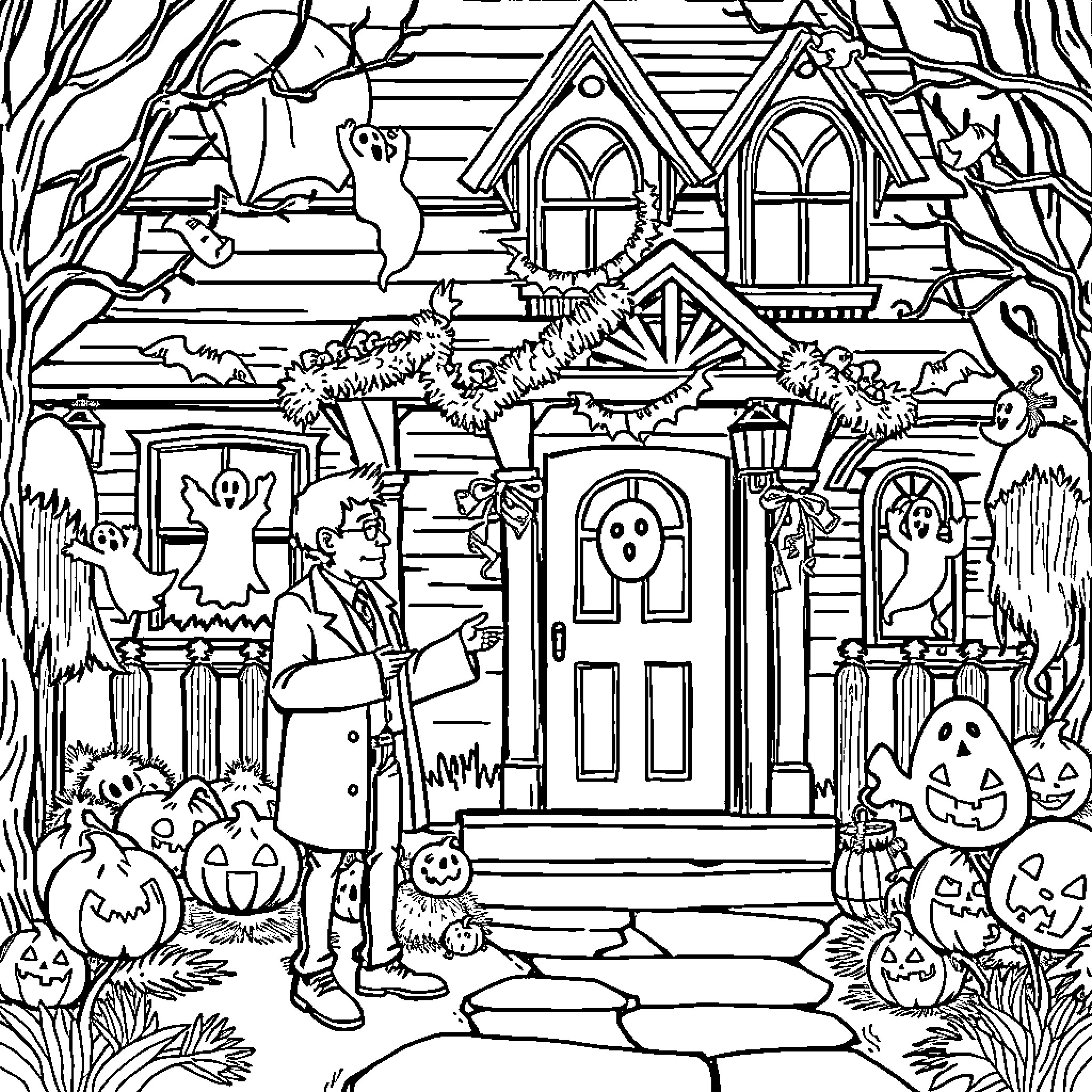 Realtor Welcoming Trick-or-Treaters on Halloween Night Coloring Page (free black-and-white line drawing printable PDF for all, from beginners to advanced learners, including children, teens, adults, and seniors)