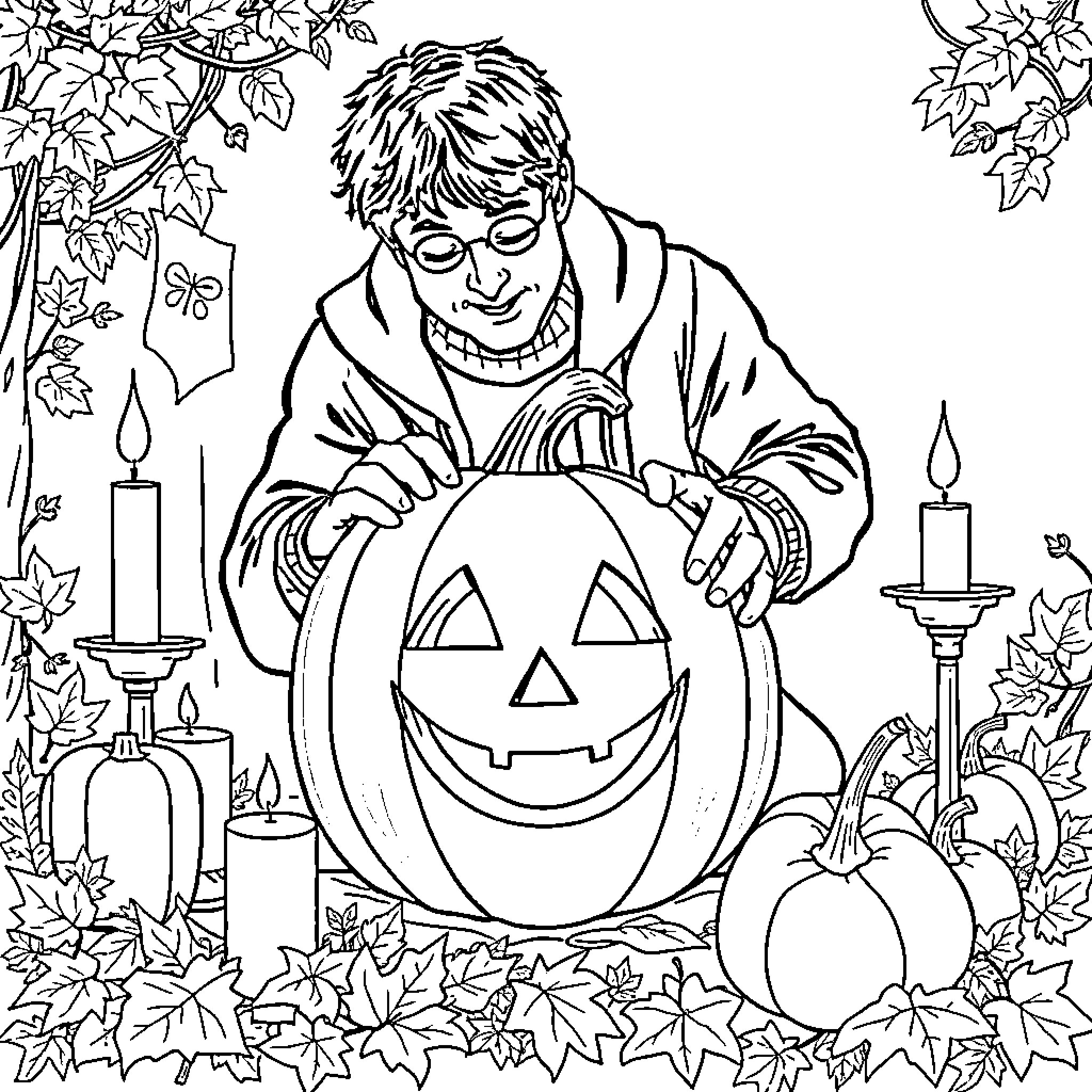 Neville Longbottom carving a jack-o'-lantern for Halloween Coloring Page (free black-and-white line drawing printable PDF for all, from beginners to advanced learners, including children, teens, adults, and seniors)