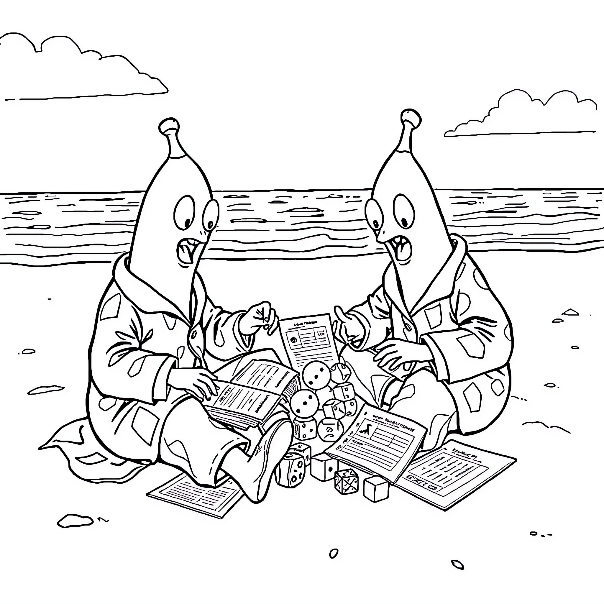 Banana figures reading books by the beach Coloring Page (free black-and-white line drawing printable PDF for all, from beginners to advanced learners, including children, teens, adults, and seniors)
