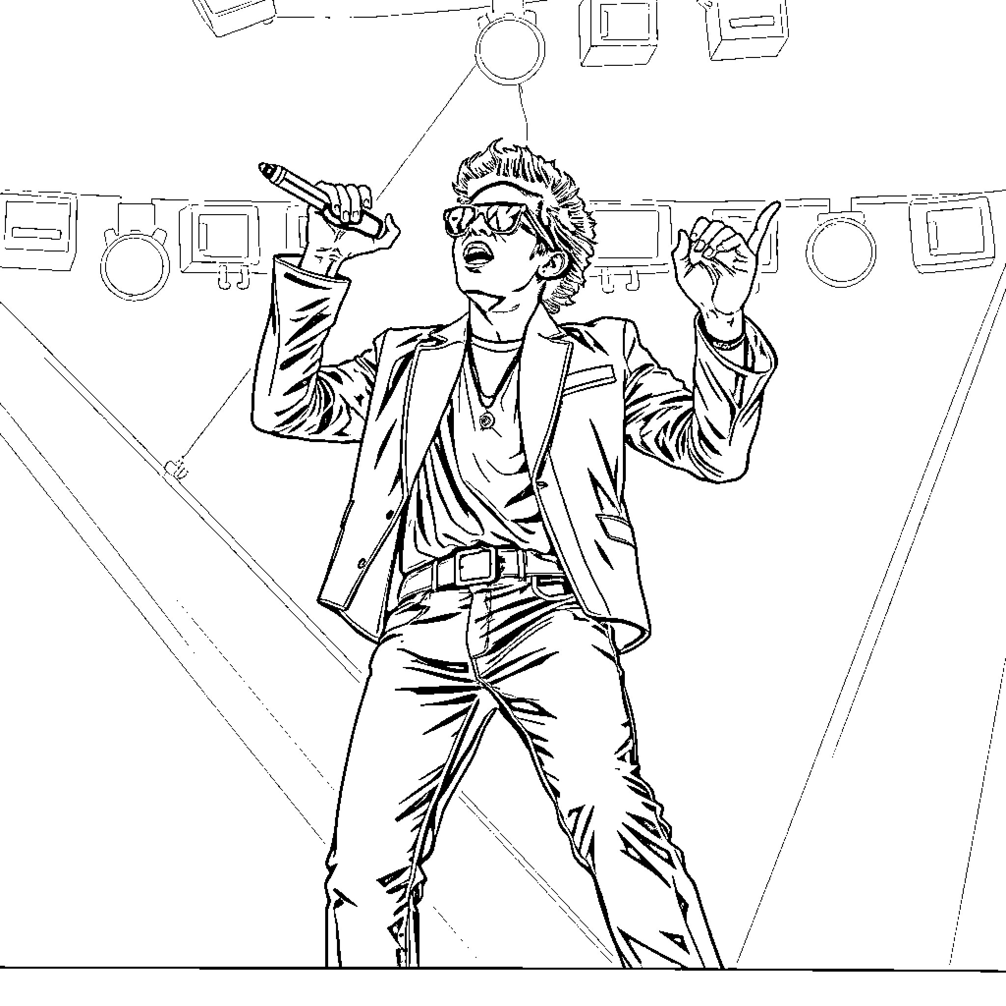 Bruno Mars Energetic Stage Performance Coloring Page (free black-and-white line drawing printable PDF for all, from beginners to advanced learners, including children, teens, adults, and seniors)