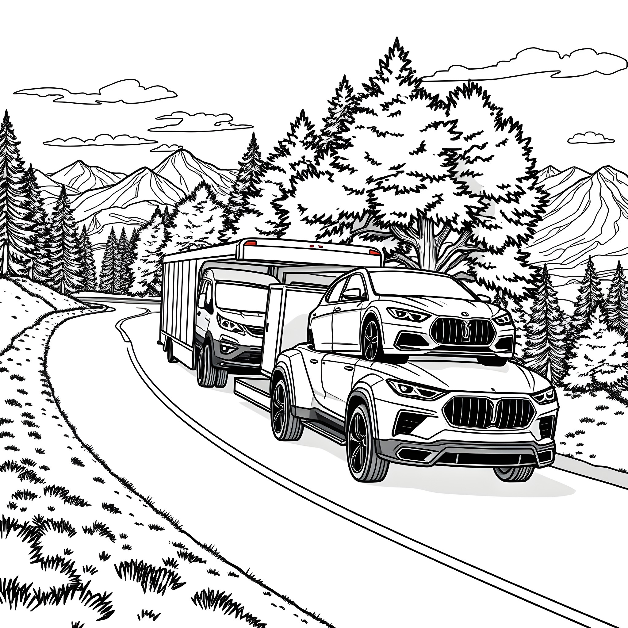 Car Hauler transporting luxury vehicles through scenic mountain landscape Coloring Page (free black-and-white line drawing printable PDF for all, from beginners to advanced learners, including children, teens, adults, and seniors)