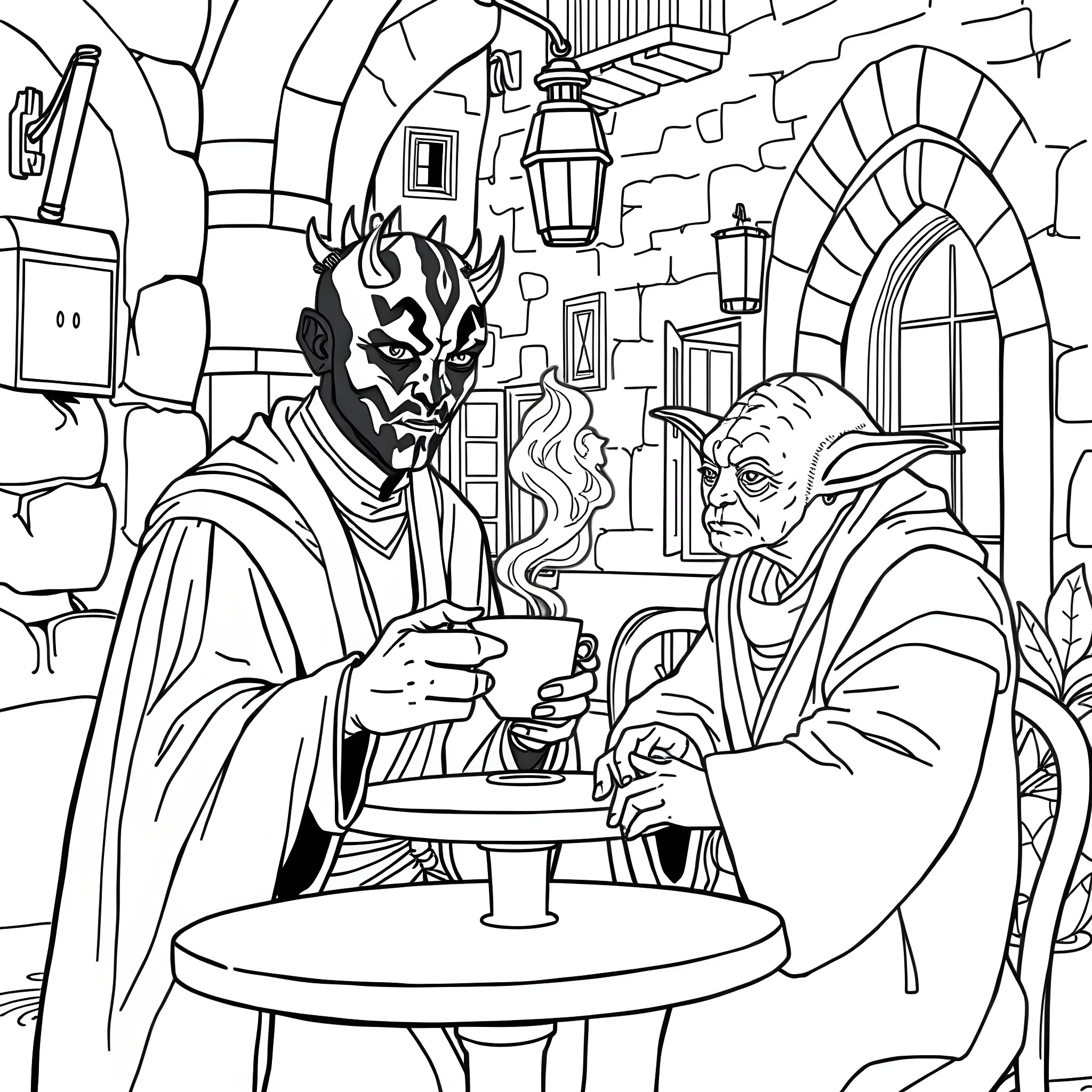 Darth Maul discussing strategy with an elderly advisor in a medieval setting Coloring Page (free black-and-white line drawing printable PDF for all, from beginners to advanced learners, including children, teens, adults, and seniors)