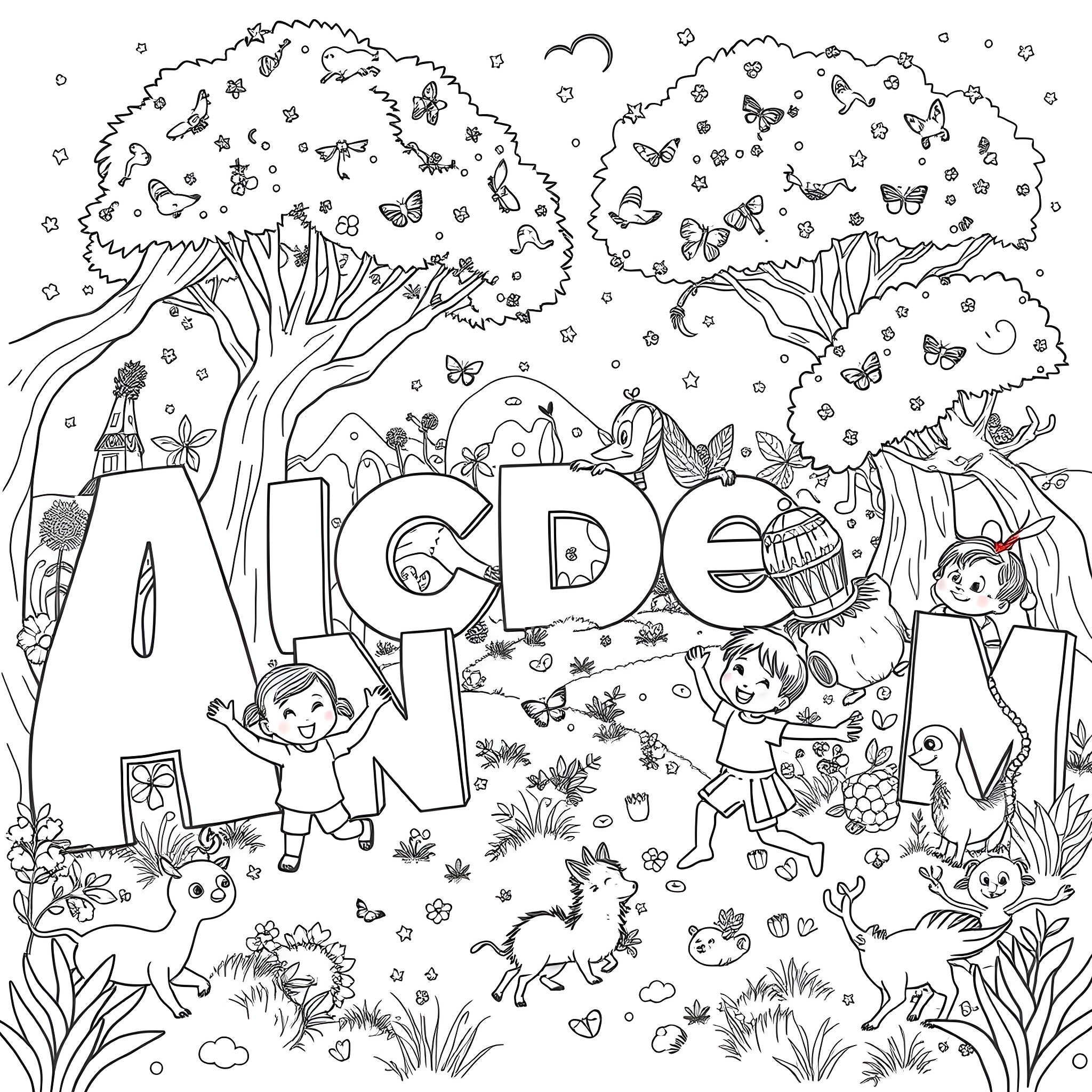 Alphabet of Children Playing in Nature Coloring Page (free black-and-white line drawing printable PDF for all, from beginners to advanced learners, including children, teens, adults, and seniors)