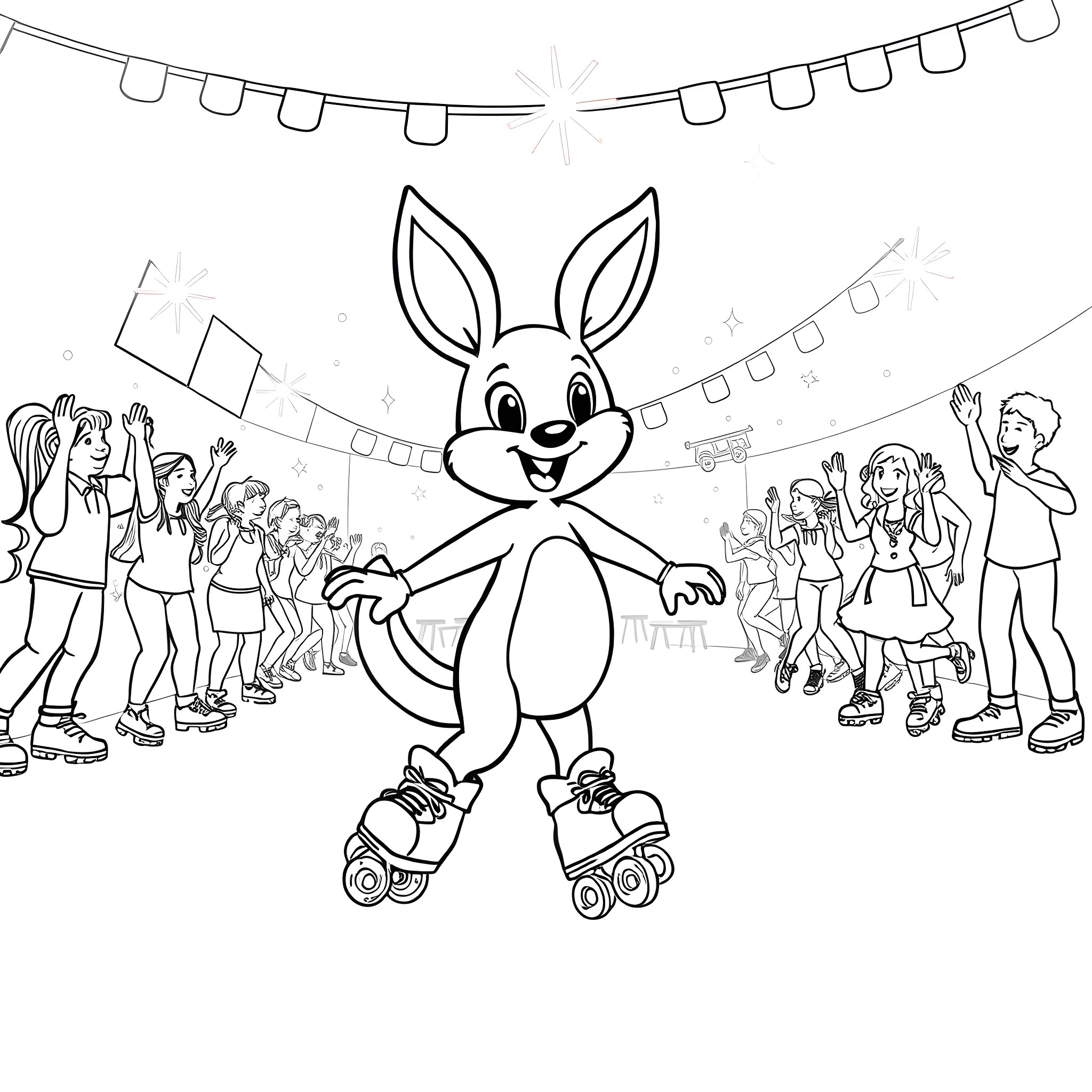 Roo the Rabbit Roller Skating in the Parade Coloring Page (free black-and-white line drawing printable PDF for all, from beginners to advanced learners, including children, teens, adults, and seniors)