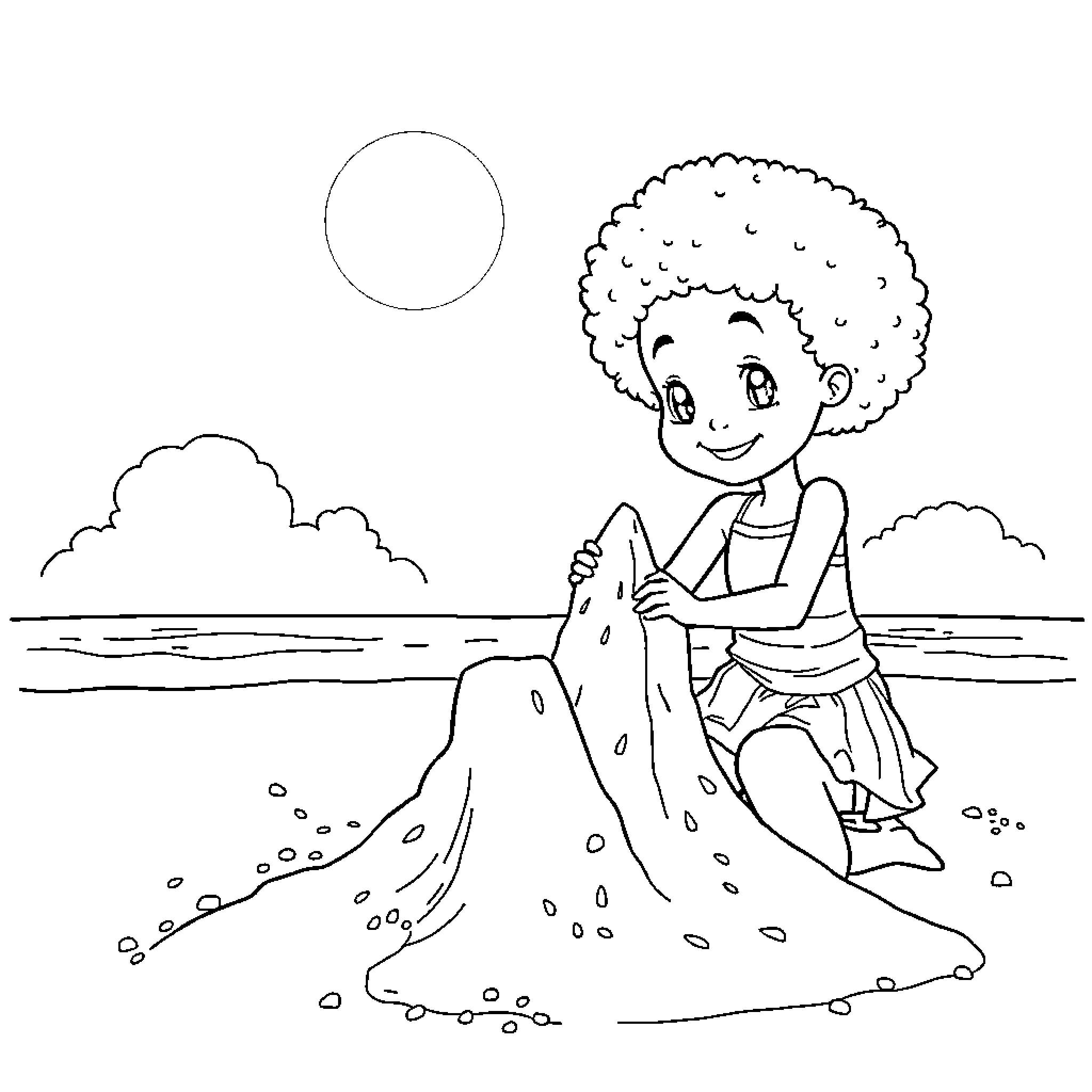 Girl building a sand castle on the beach Coloring Page (free black-and-white line drawing printable PDF for all, from beginners to advanced learners, including children, teens, adults, and seniors)