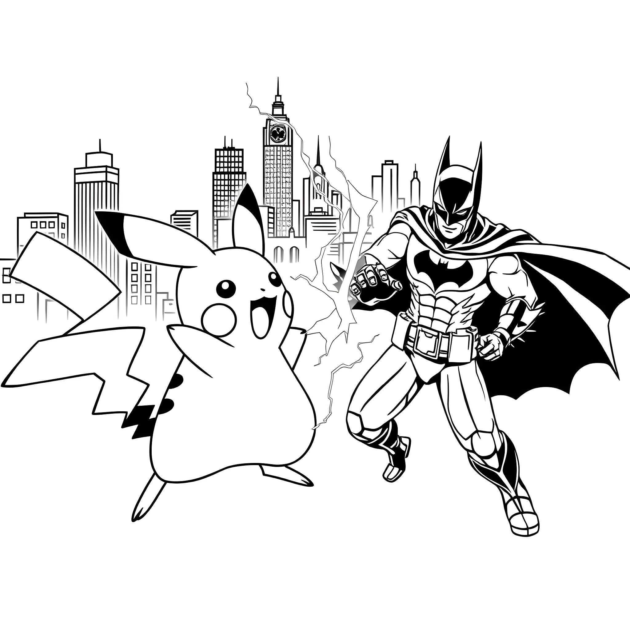 Pikachu and Batman in Gotham City Coloring Page (free black-and-white line drawing printable PDF for all, from beginners to advanced learners, including children, teens, adults, and seniors)