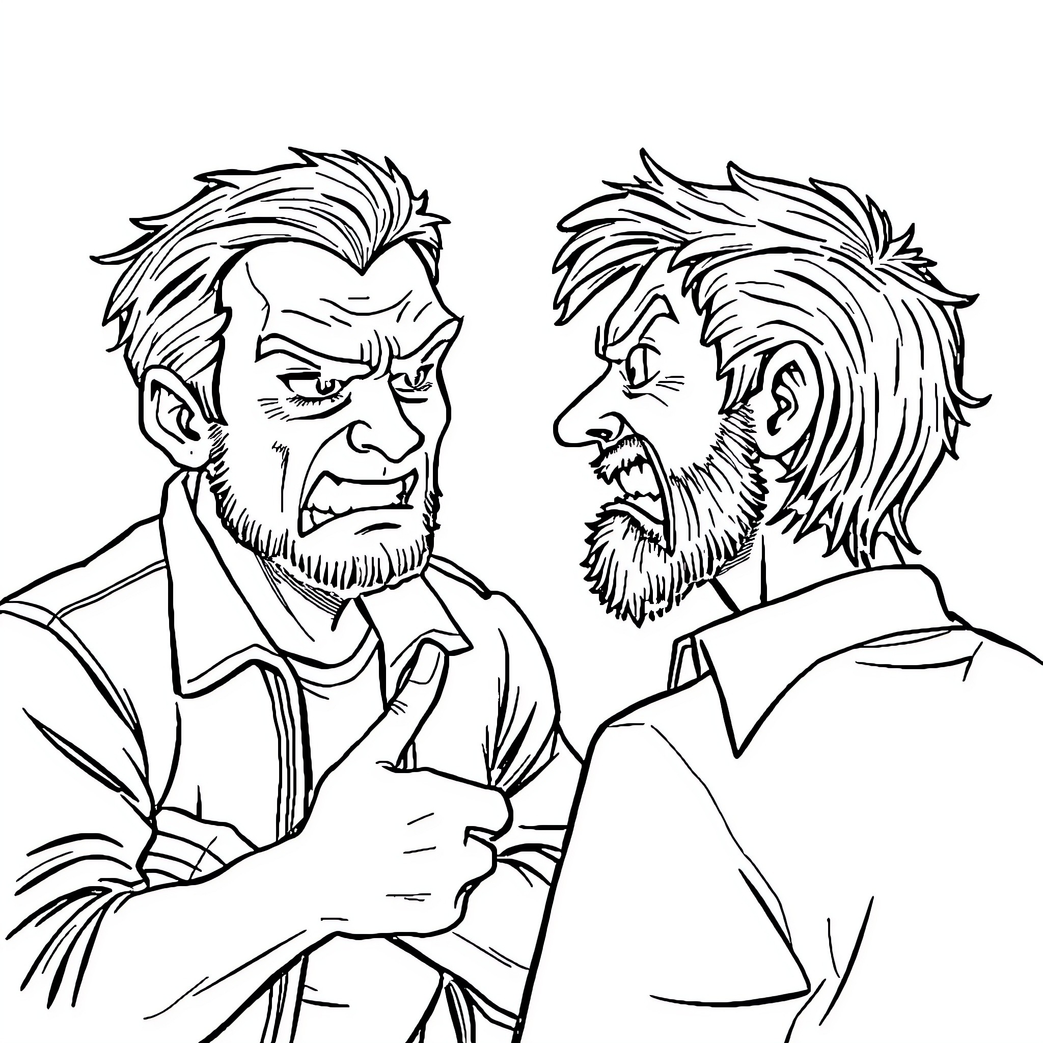 Isak's Confrontation: Two Men's Intense Interaction Coloring Page (free black-and-white line drawing printable PDF for all, from beginners to advanced learners, including children, teens, adults, and seniors)