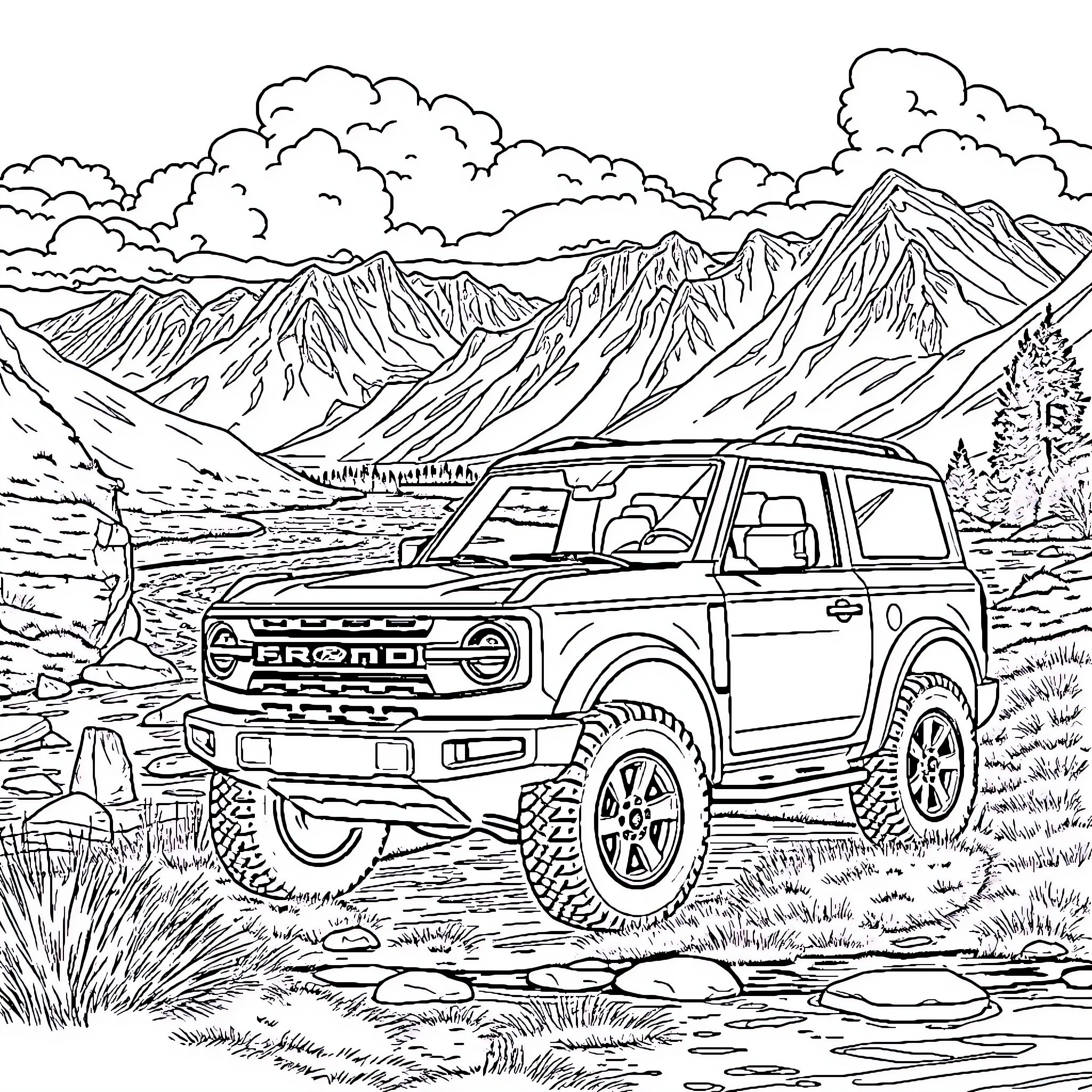 Ford Bronco exploring rugged mountain terrain Coloring Page (free black-and-white line drawing printable PDF for all, from beginners to advanced learners, including children, teens, adults, and seniors)