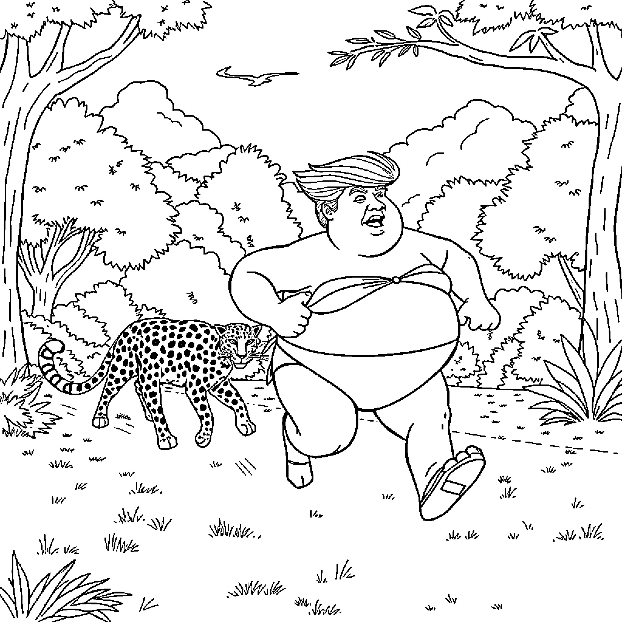 Trump Encounters Leopard in Jungle Landscape Coloring Page (free black-and-white line drawing printable PDF for all, from beginners to advanced learners, including children, teens, adults, and seniors)