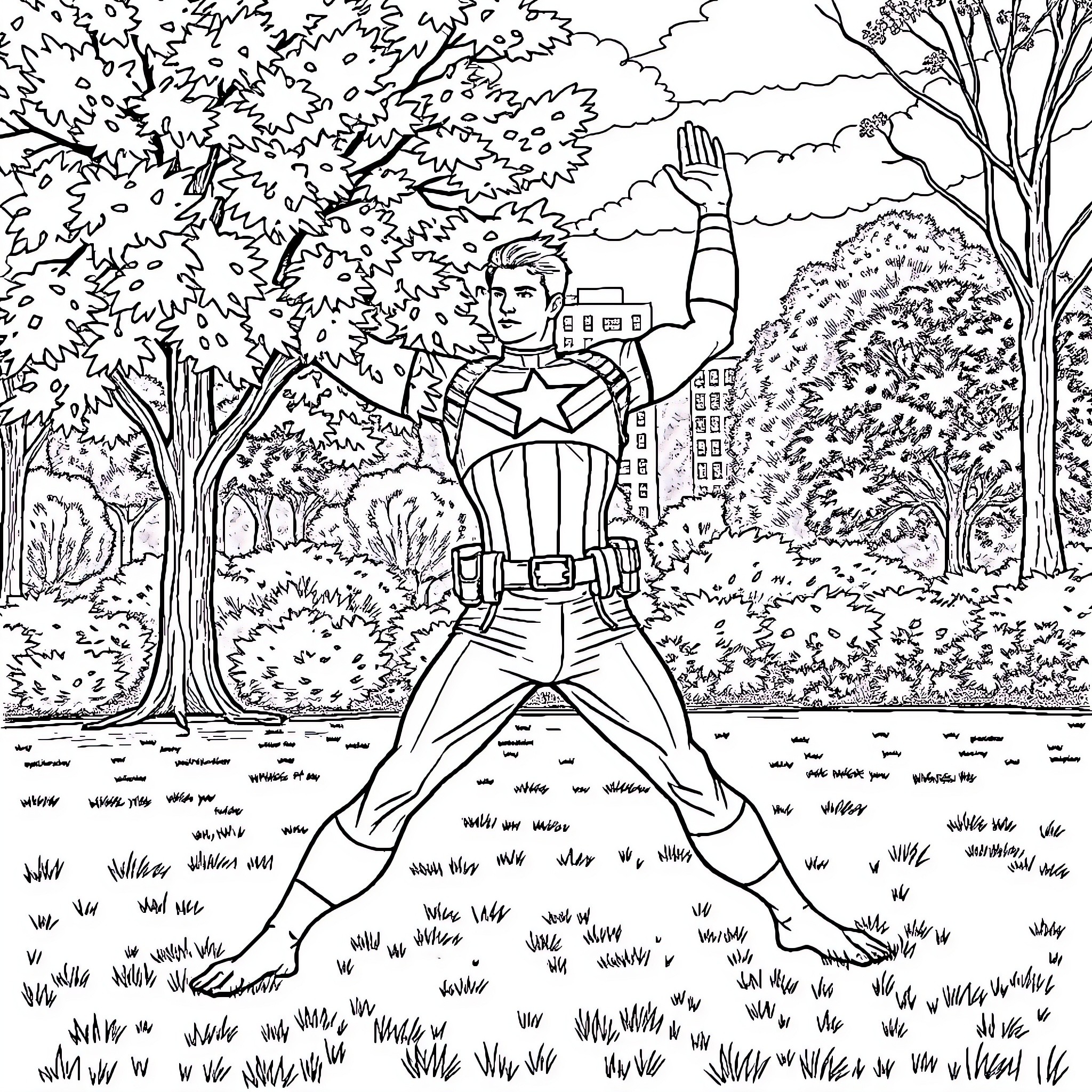 Sam Wilson raising a hand in a park landscape Coloring Page (free black-and-white line drawing printable PDF for all, from beginners to advanced learners, including children, teens, adults, and seniors)