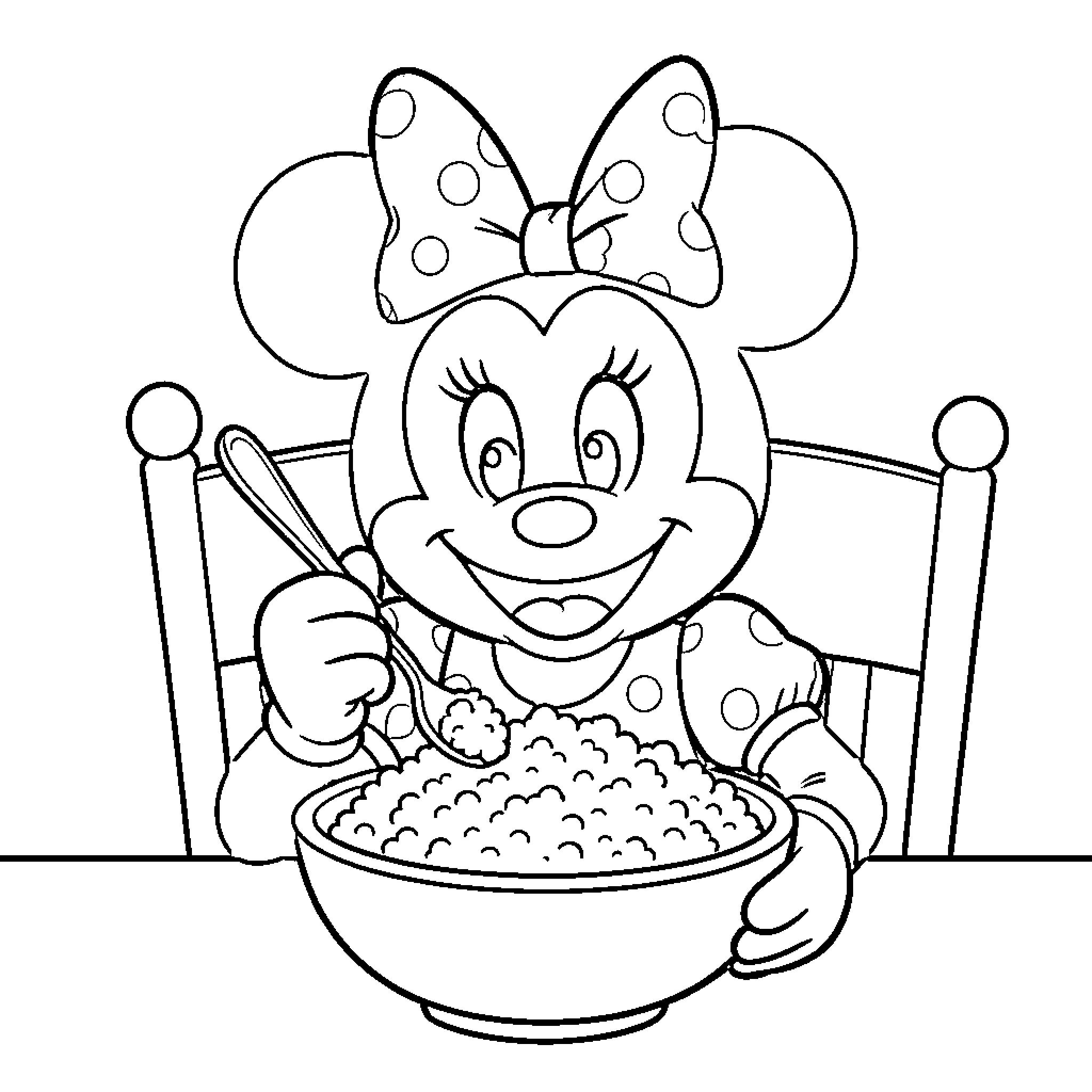 Minnie Enjoying Her Tasty Meal Coloring Page (free black-and-white line drawing printable PDF for all, from beginners to advanced learners, including children, teens, adults, and seniors)