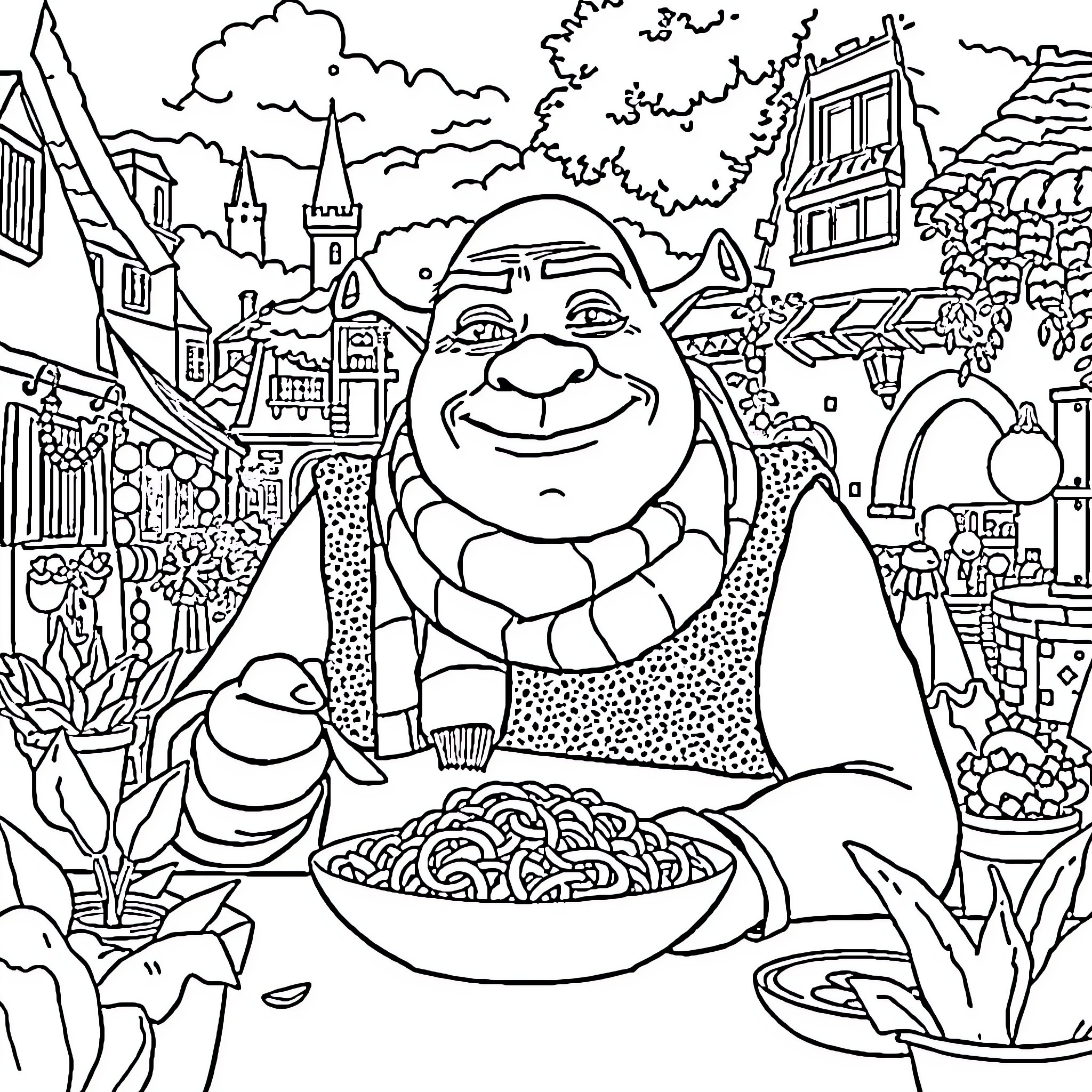 Shrek enjoys a hearty meal in a whimsical town Coloring Page (free black-and-white line drawing printable PDF for all, from beginners to advanced learners, including children, teens, adults, and seniors)