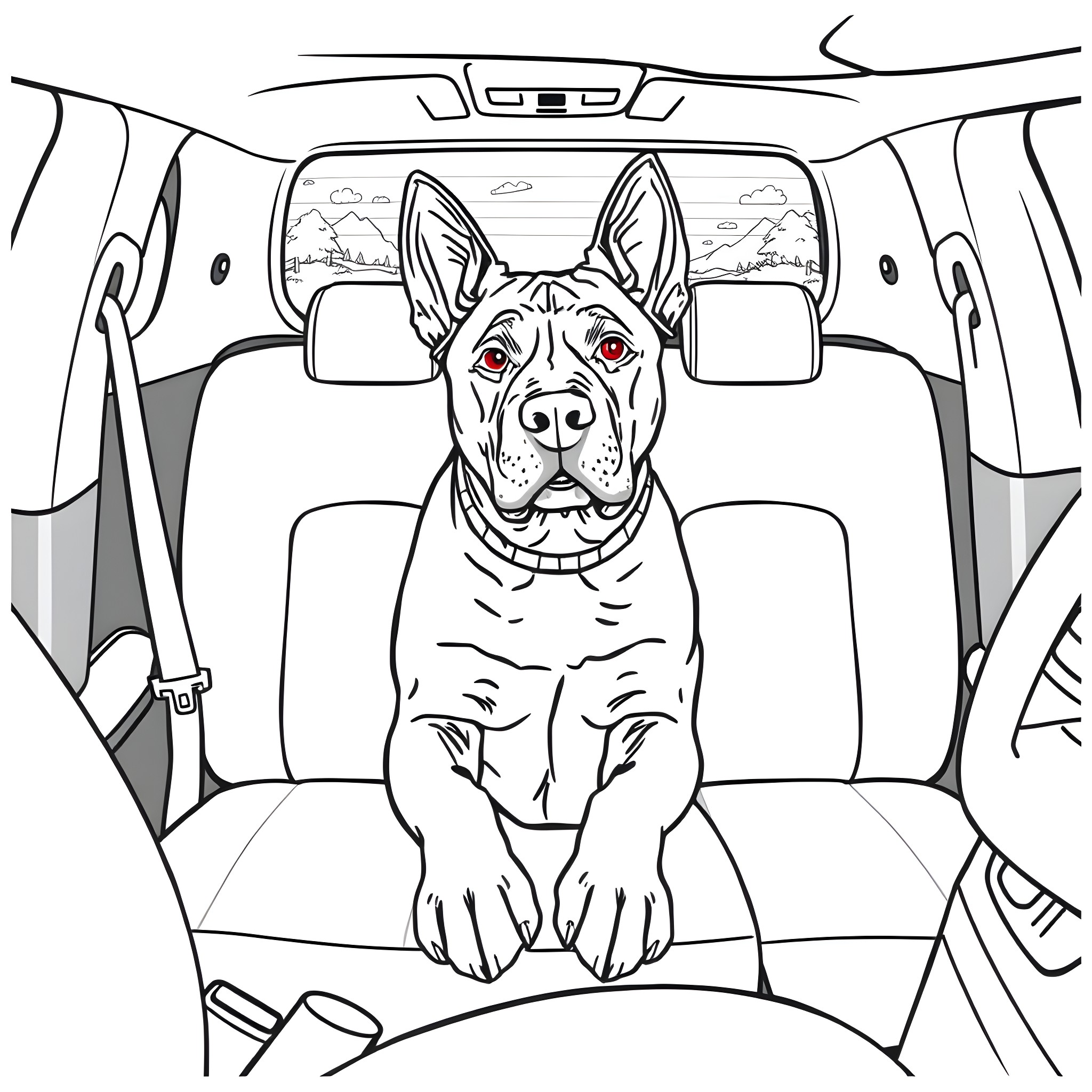 Cane Corso enjoying the view from the car Coloring Page (free black-and-white line drawing printable PDF for all, from beginners to advanced learners, including children, teens, adults, and seniors)