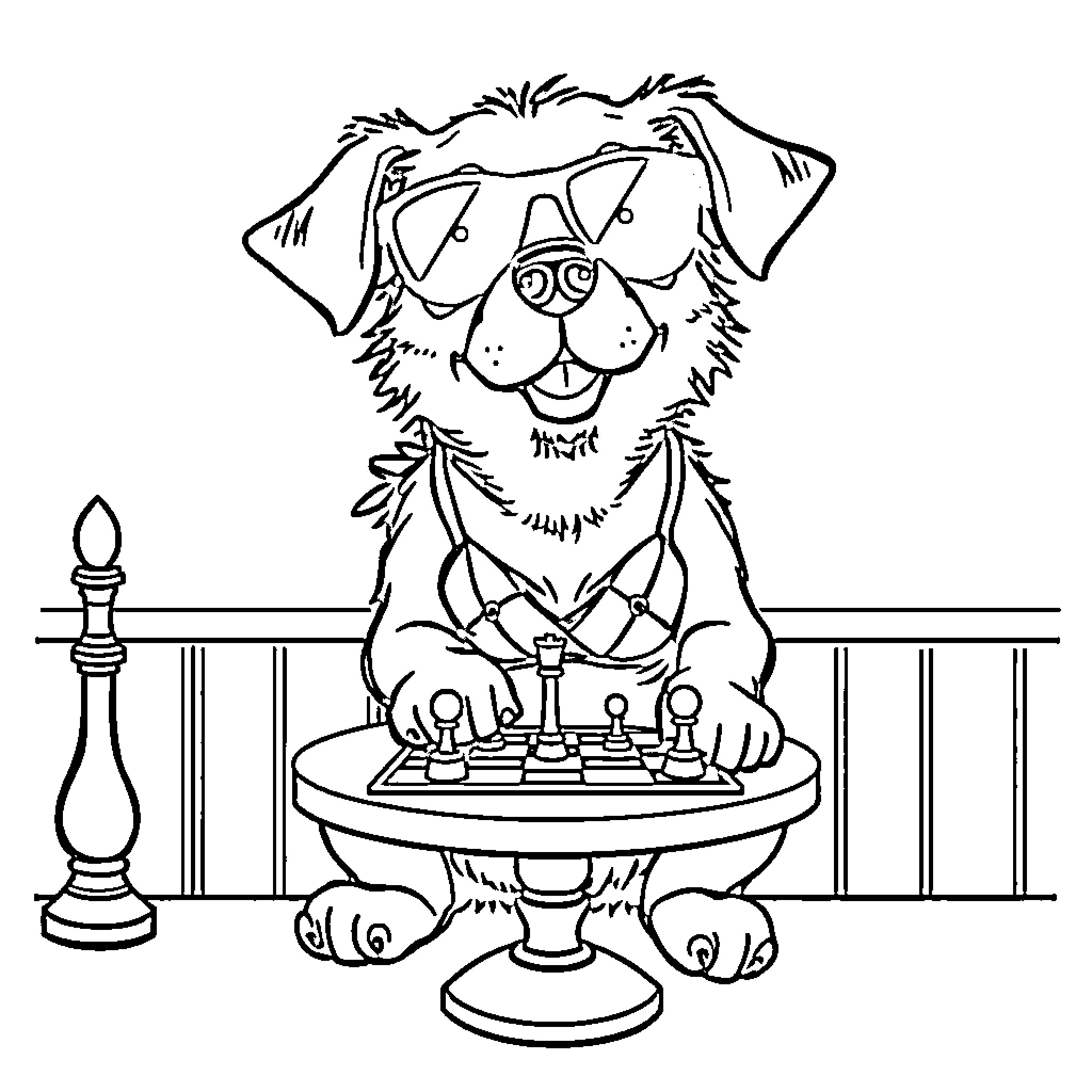 Dog playing chess on table Coloring Page (free black-and-white line drawing printable PDF for all, from beginners to advanced learners, including children, teens, adults, and seniors)