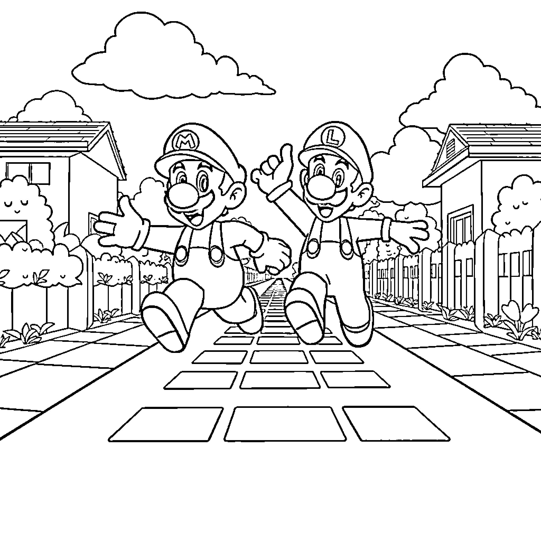 Mario and Luigi Jumping Happily in a Cartoon Town Coloring Page (free black-and-white line drawing printable PDF for all, from beginners to advanced learners, including children, teens, adults, and seniors)