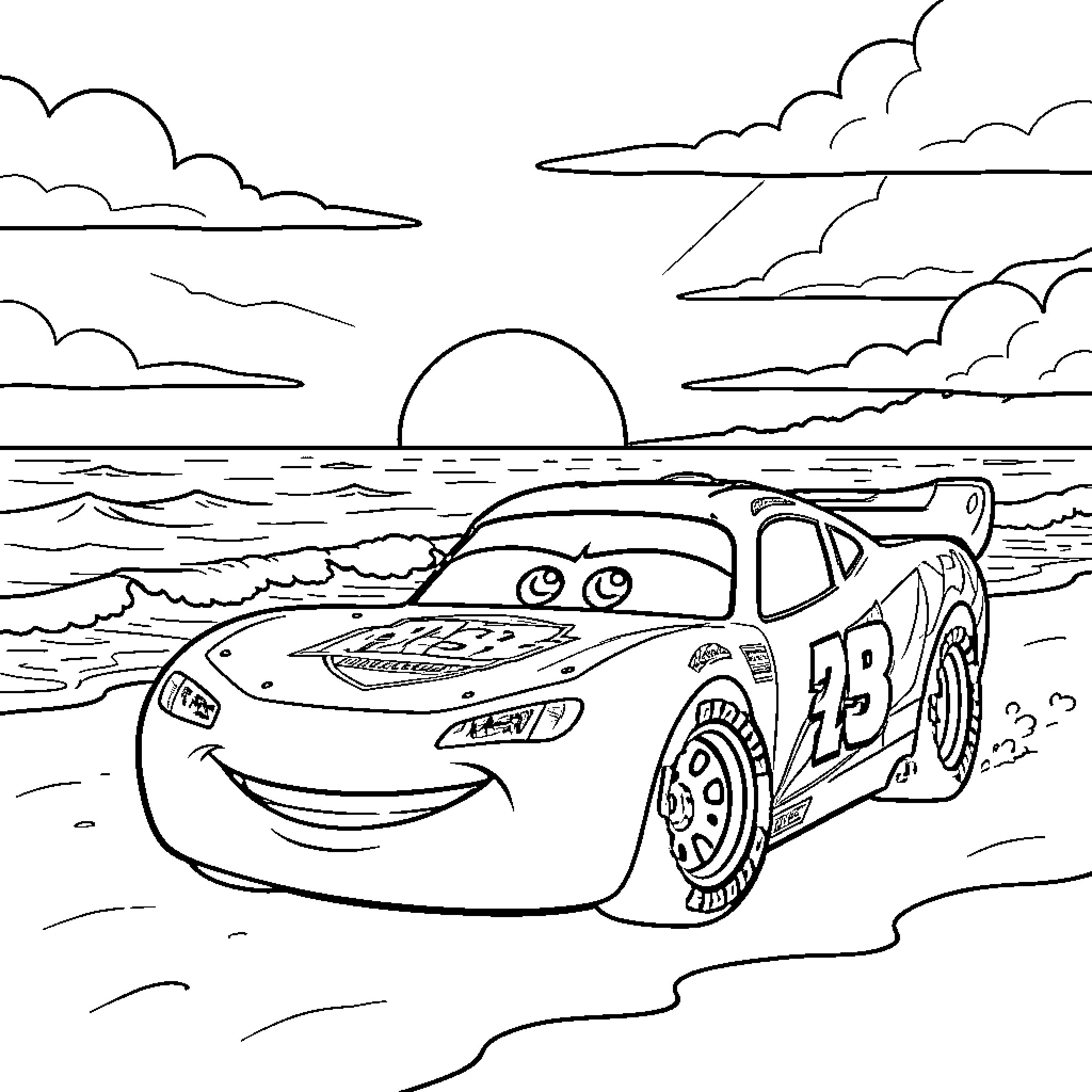 Lightning McQueen racing on the beach at sunset Coloring Page (free black-and-white line drawing printable PDF for all, from beginners to advanced learners, including children, teens, adults, and seniors)