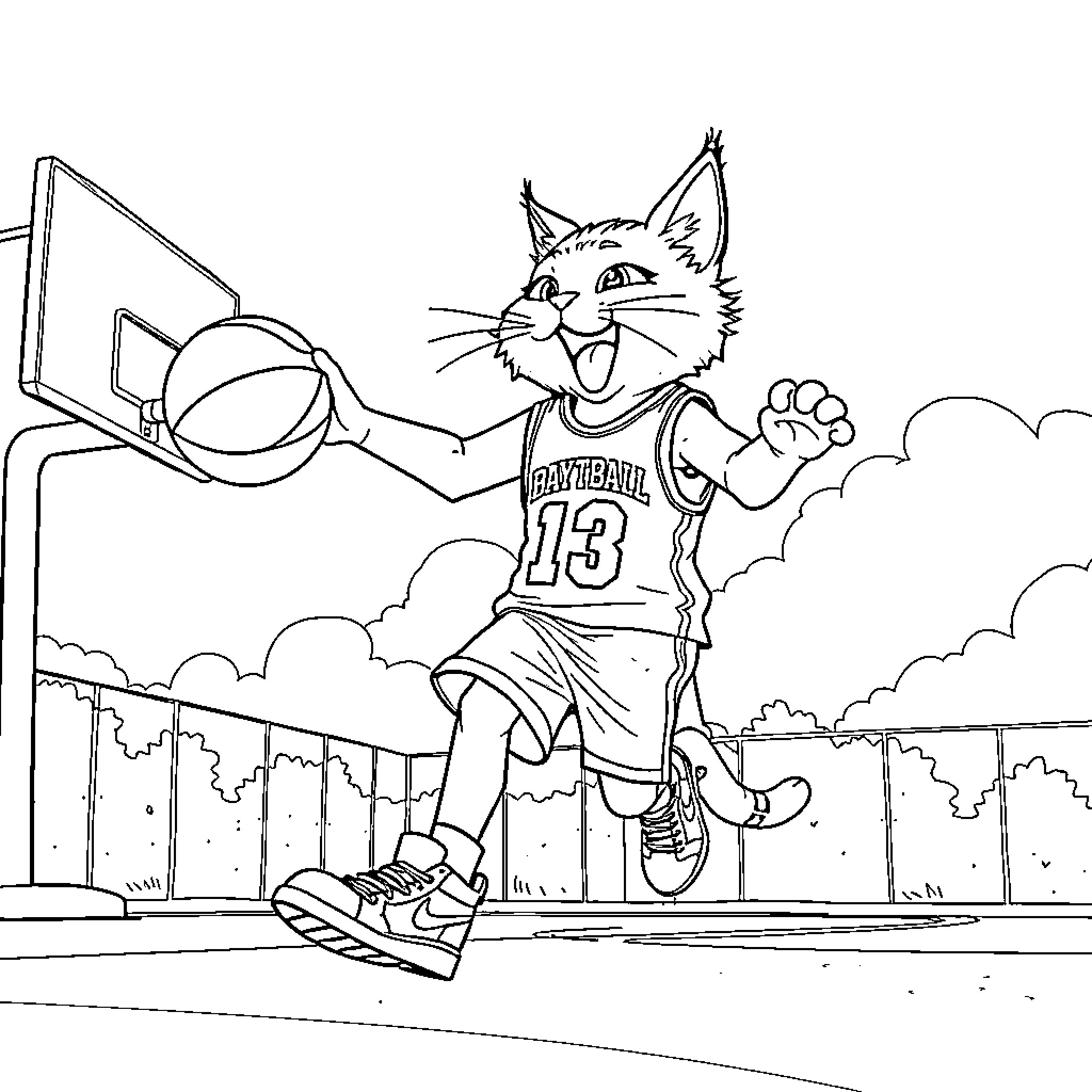 Cat playing basketball on the court Coloring Page (free black-and-white line drawing printable PDF for all, from beginners to advanced learners, including children, teens, adults, and seniors)
