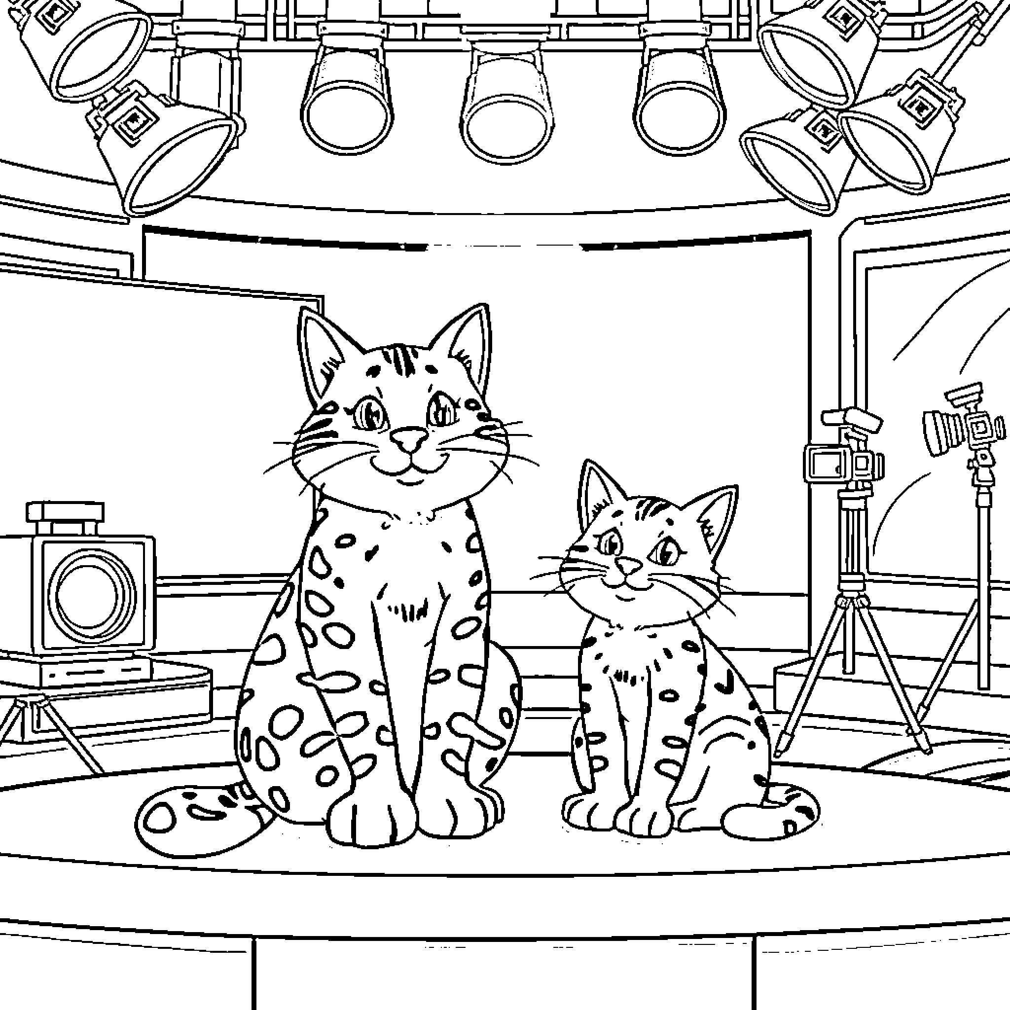 Wildcat Actors Pose for the Camera Coloring Page (free black-and-white line drawing printable PDF for all, from beginners to advanced learners, including children, teens, adults, and seniors)