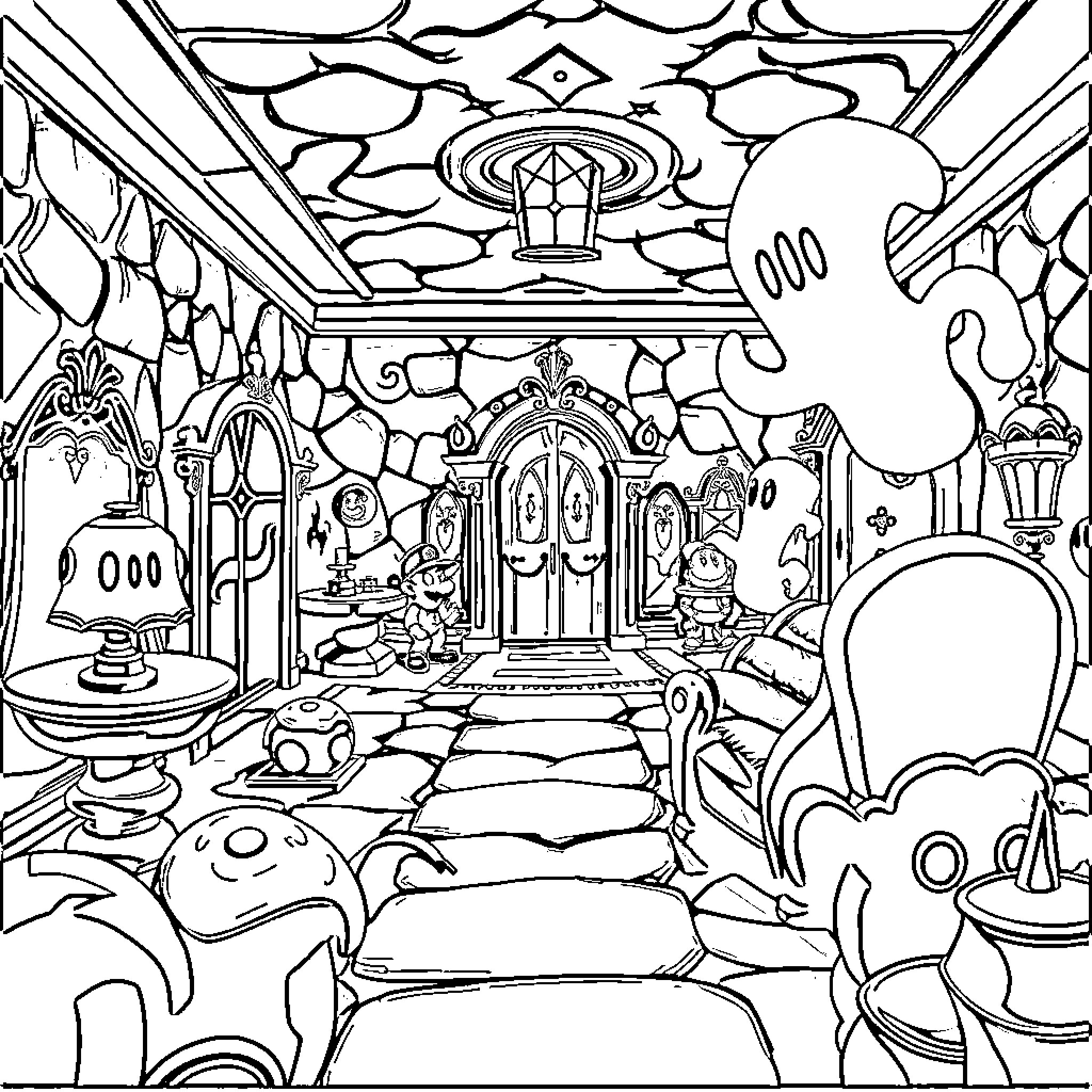 Luigi's Fantastical Abode: A Whimsical Adventure Coloring Page (free black-and-white line drawing printable PDF for all, from beginners to advanced learners, including children, teens, adults, and seniors)