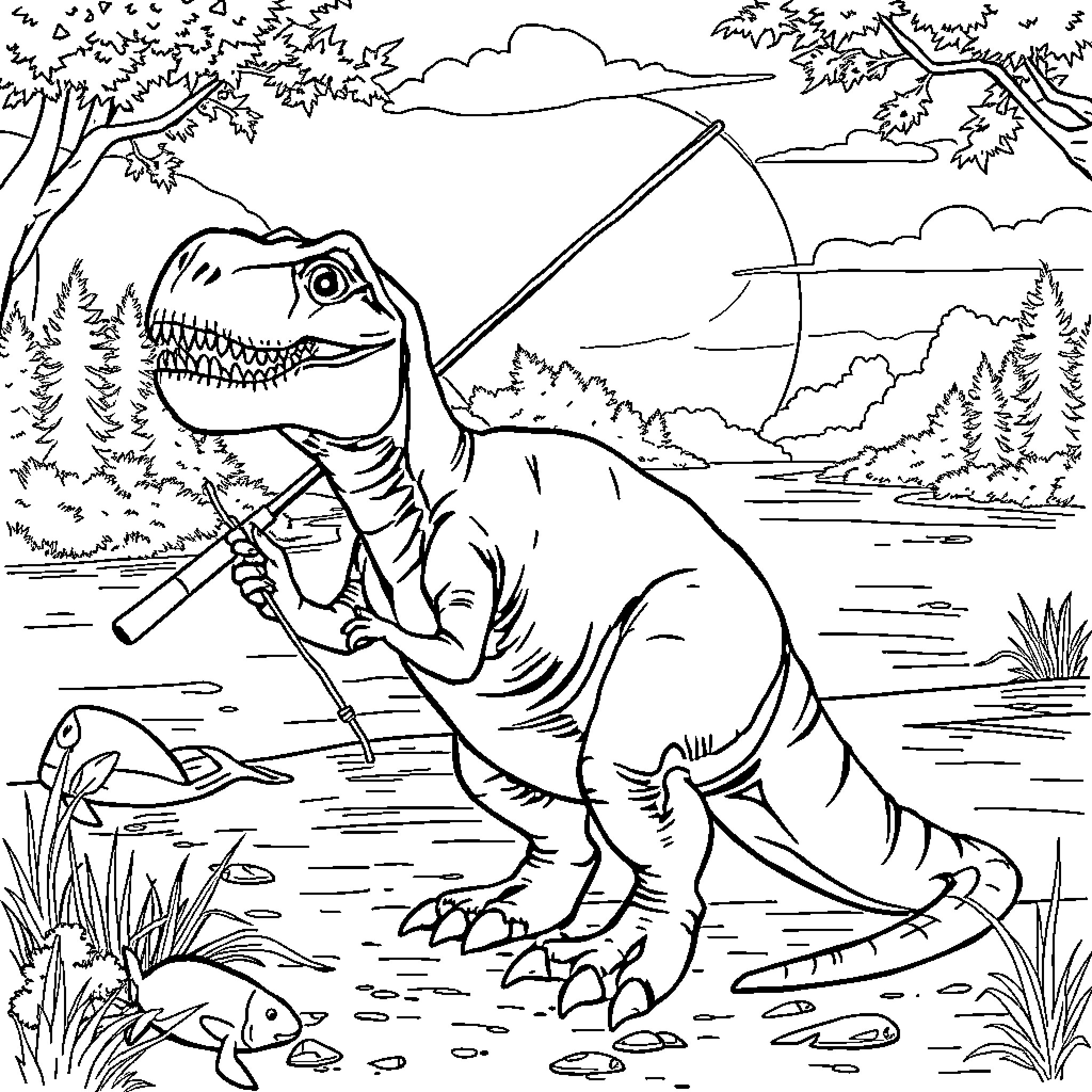Trex fishing in the river with nature backdrop Coloring Page (free black-and-white line drawing printable PDF for all, from beginners to advanced learners, including children, teens, adults, and seniors)