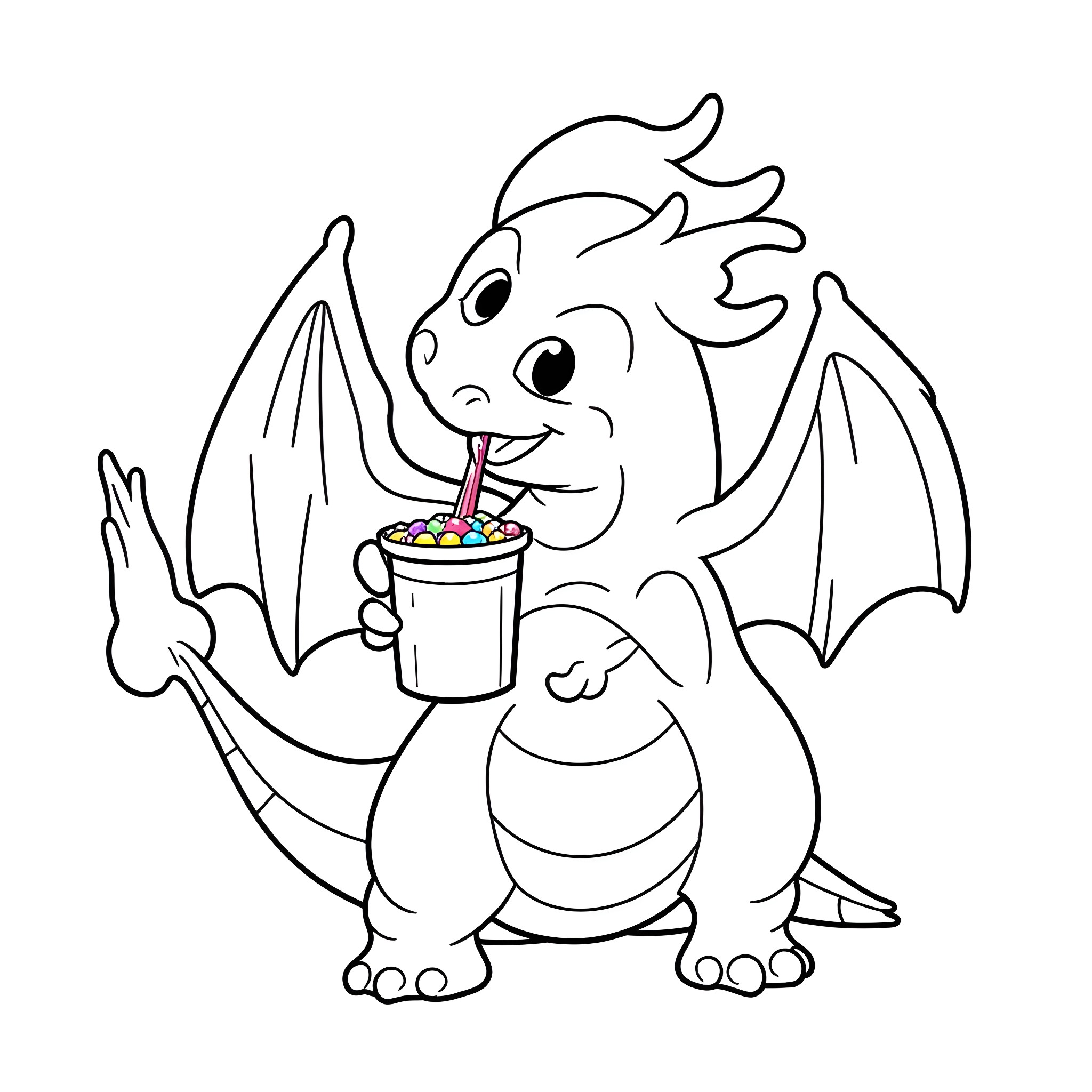 Charizard enjoying a refreshing drink Coloring Page (free black-and-white line drawing printable PDF for all, from beginners to advanced learners, including children, teens, adults, and seniors)