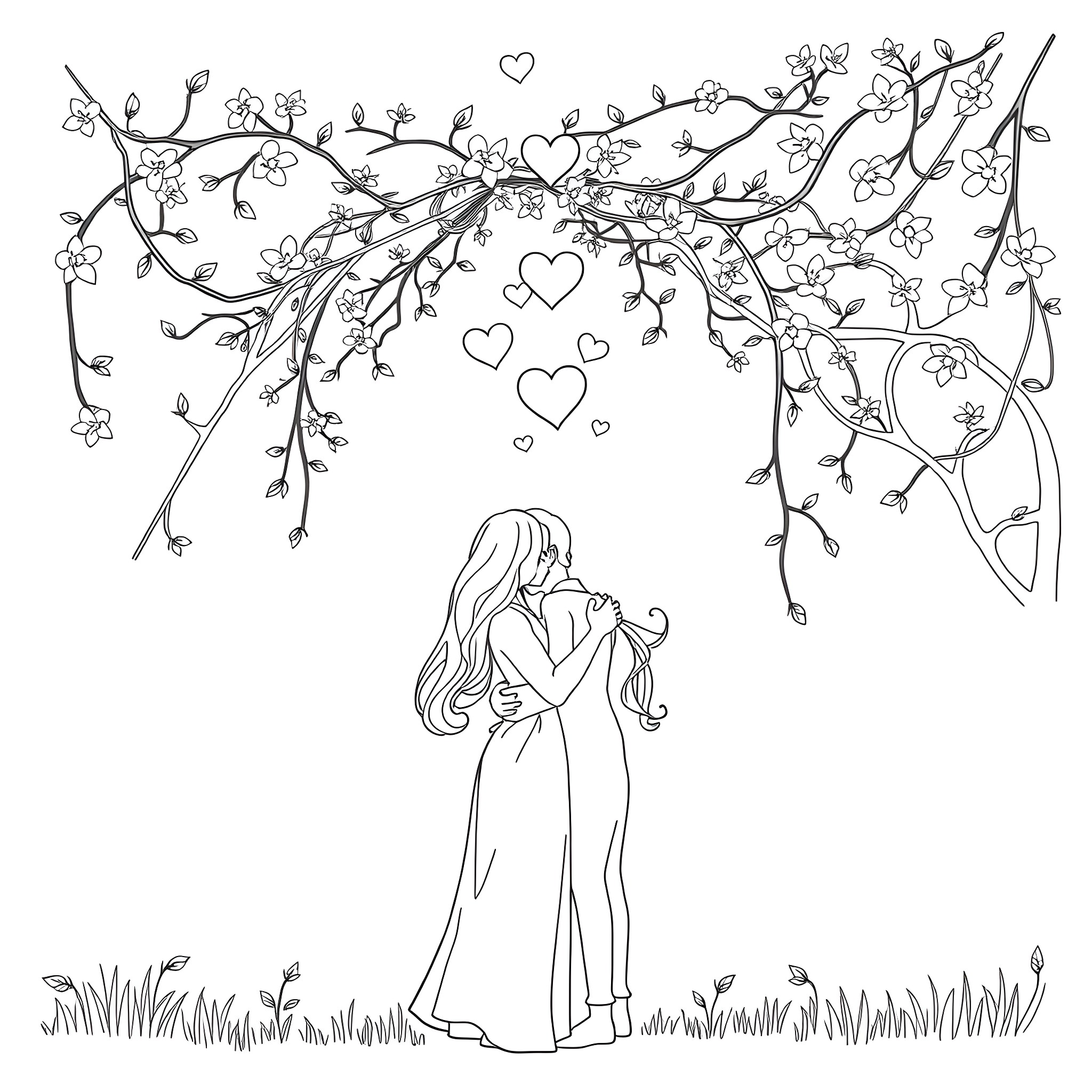 Love in Bloom: A Romantic Embrace under Cherry Blossoms Coloring Page (free black-and-white line drawing printable PDF for all, from beginners to advanced learners, including children, teens, adults, and seniors)