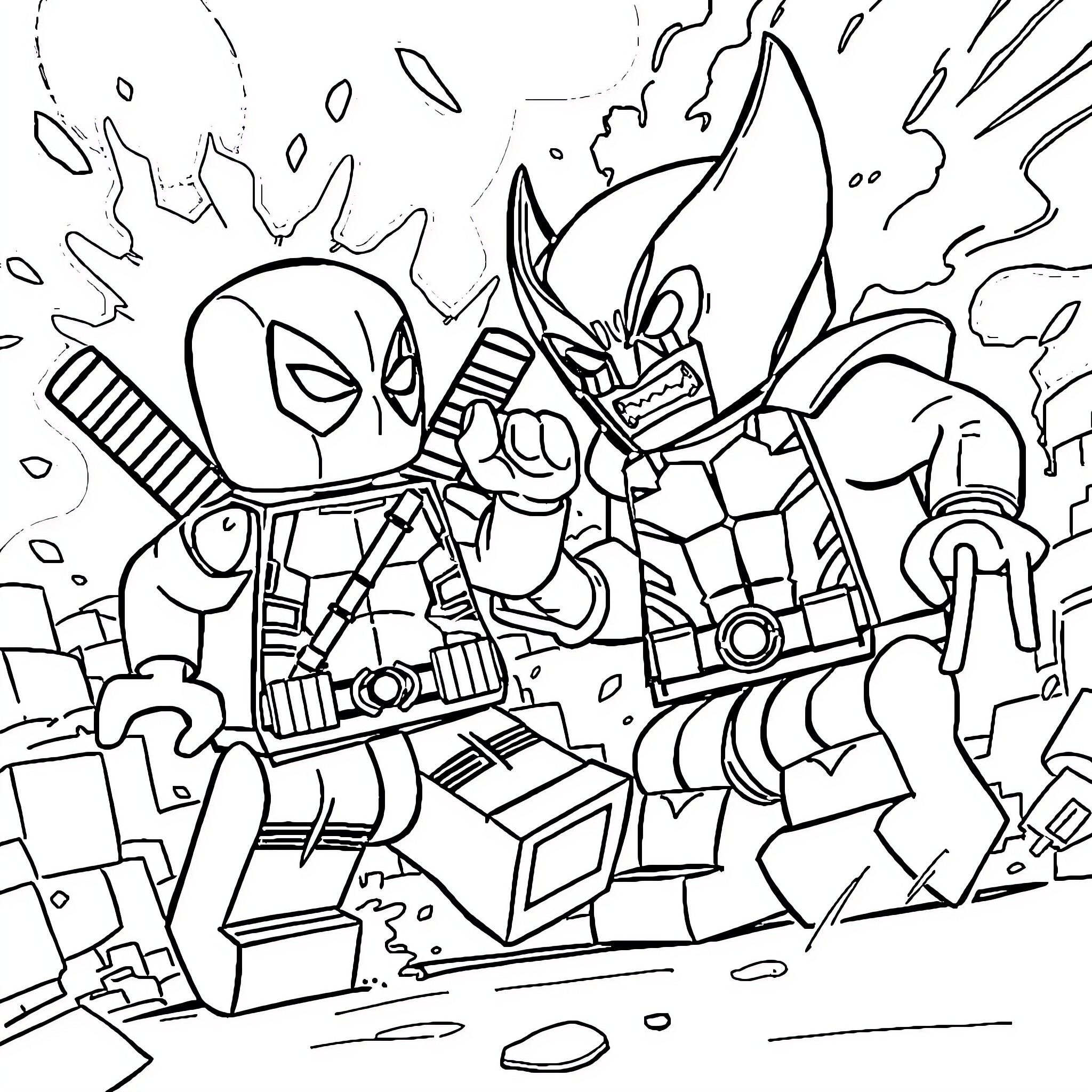 Lego Deadpool in Heroic Action Pose Coloring Page (free black-and-white line drawing printable PDF for all, from beginners to advanced learners, including children, teens, adults, and seniors)