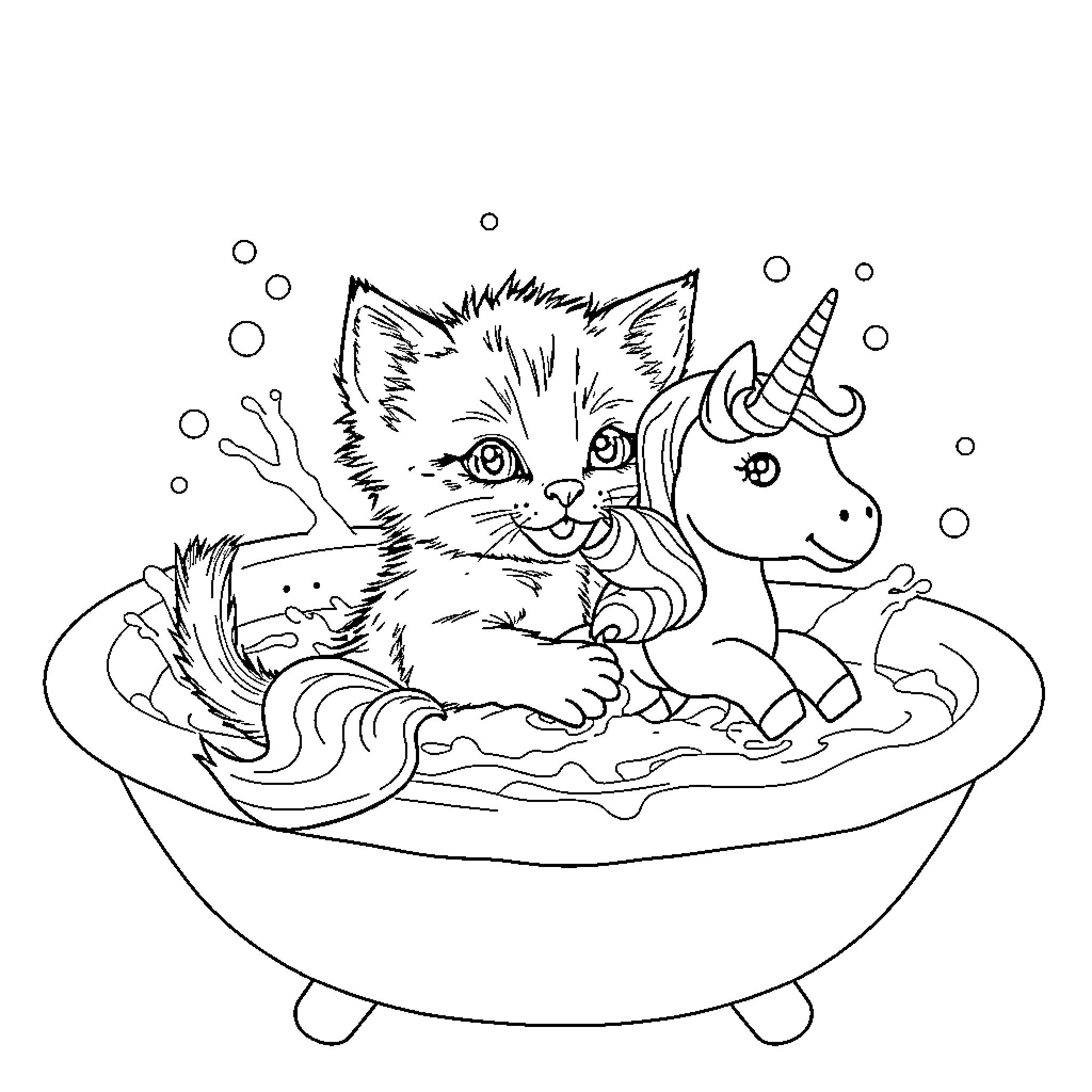 Kitten playing with unicorn in bathtub Coloring Page (free black-and-white line drawing printable PDF for all, from beginners to advanced learners, including children, teens, adults, and seniors)