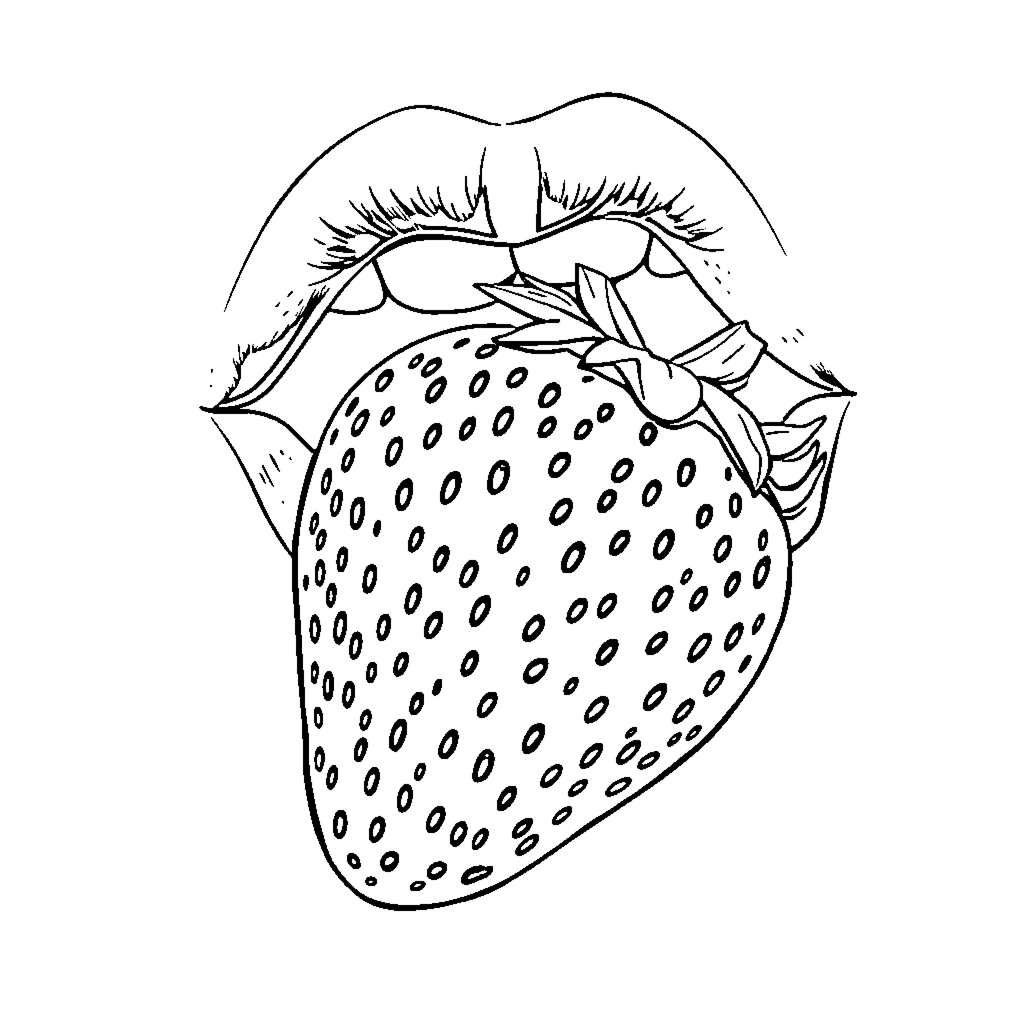 Lip Biting into Sweet Strawberry Delight Coloring Page (free black-and-white line drawing printable PDF for all, from beginners to advanced learners, including children, teens, adults, and seniors)