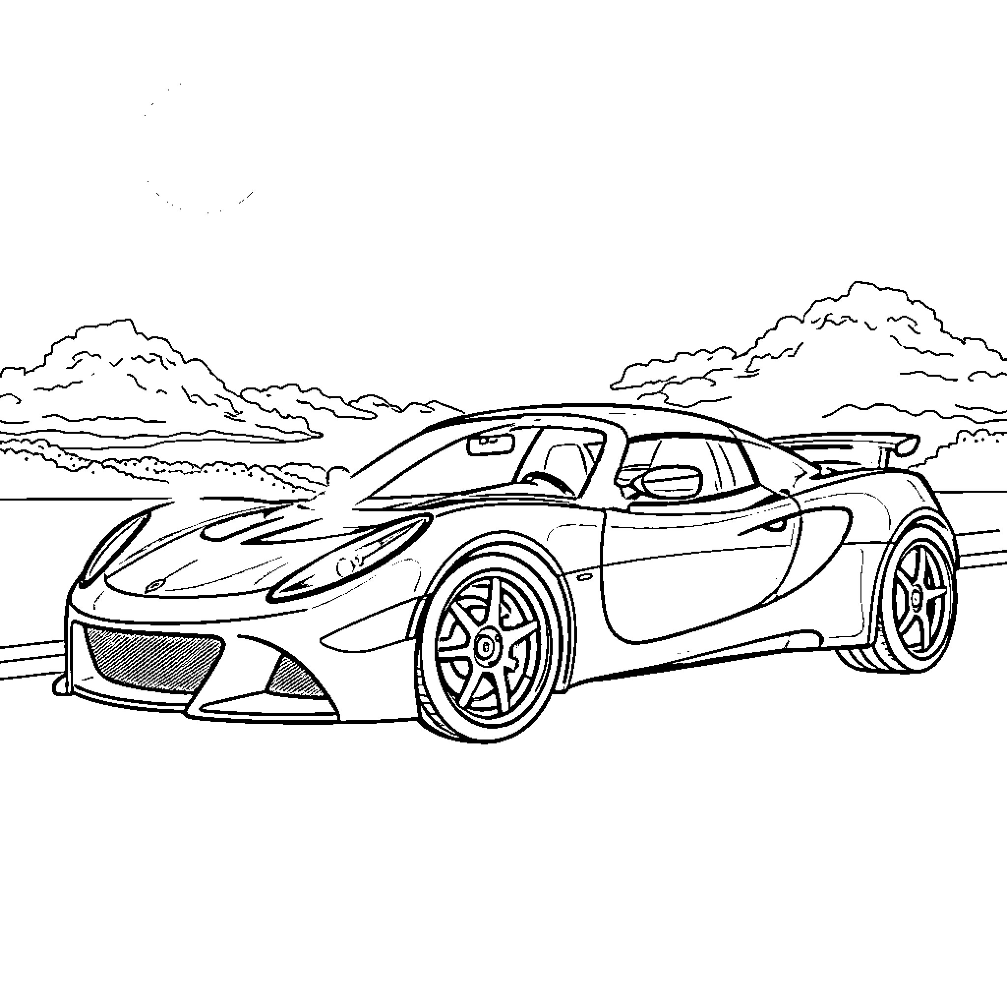 Elise's sports car on a scenic road Coloring Page (free black-and-white line drawing printable PDF for all, from beginners to advanced learners, including children, teens, adults, and seniors)