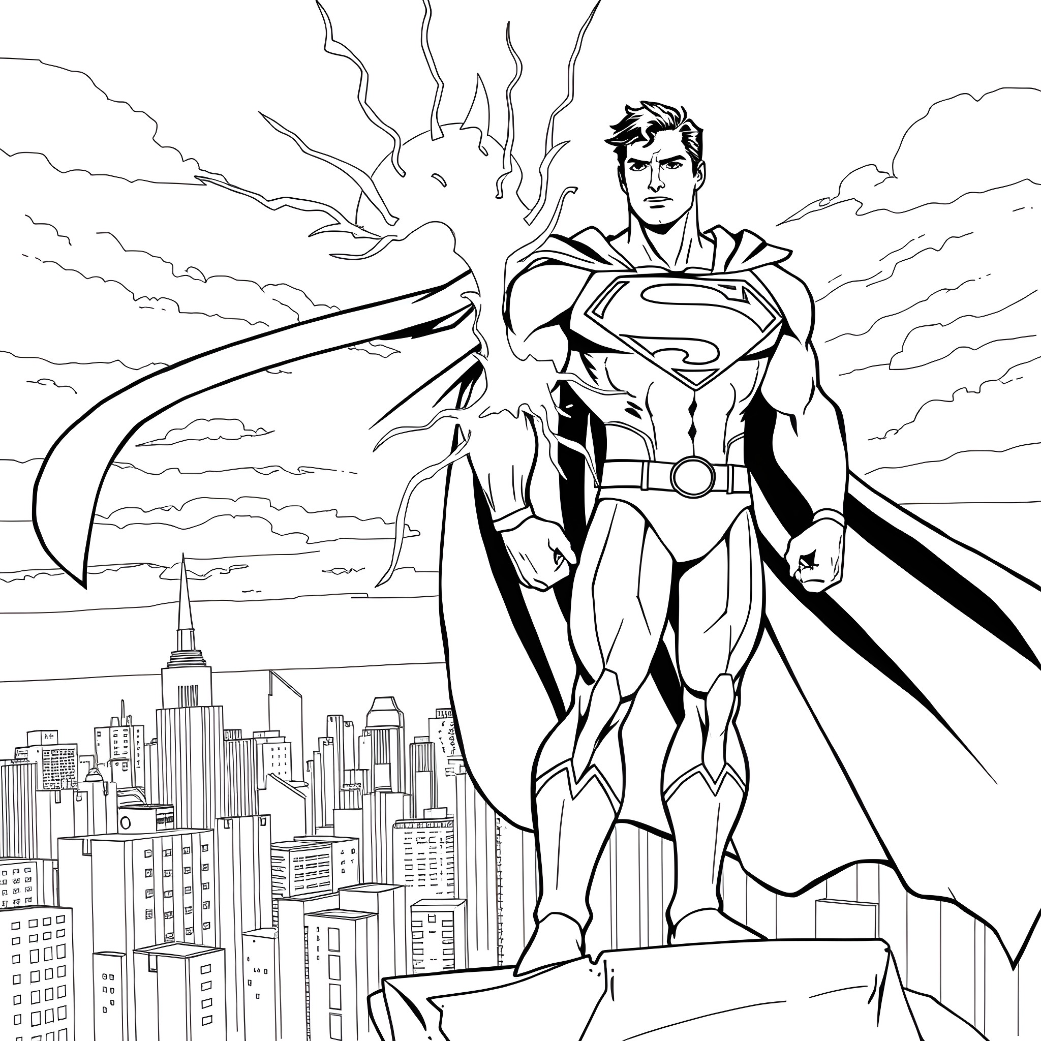 Superman saving the city from destruction Coloring Page (free black-and-white line drawing printable PDF for all, from beginners to advanced learners, including children, teens, adults, and seniors)