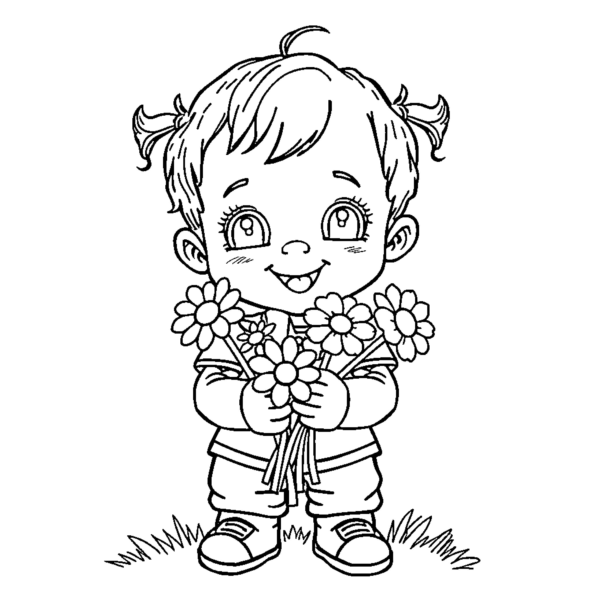 Toddler holding a bouquet of flowers Coloring Page (free black-and-white line drawing printable PDF for all, from beginners to advanced learners, including children, teens, adults, and seniors)