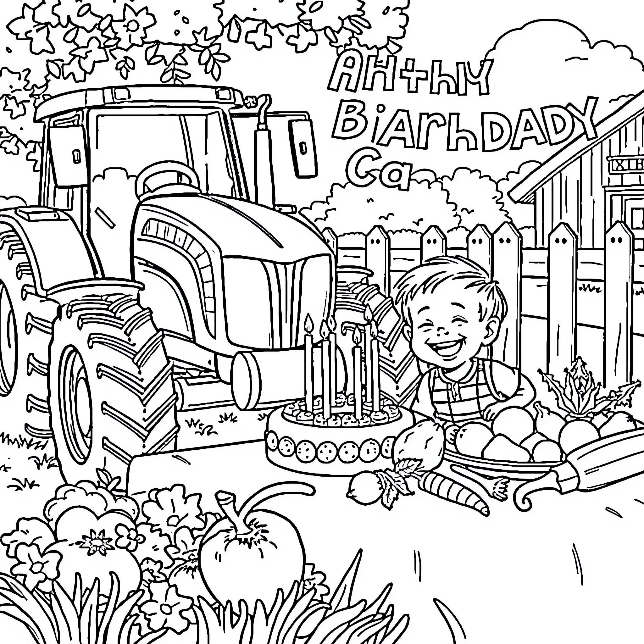 Tractor celebrating happy birthday in the countryside Coloring Page (free black-and-white line drawing printable PDF for all, from beginners to advanced learners, including children, teens, adults, and seniors)