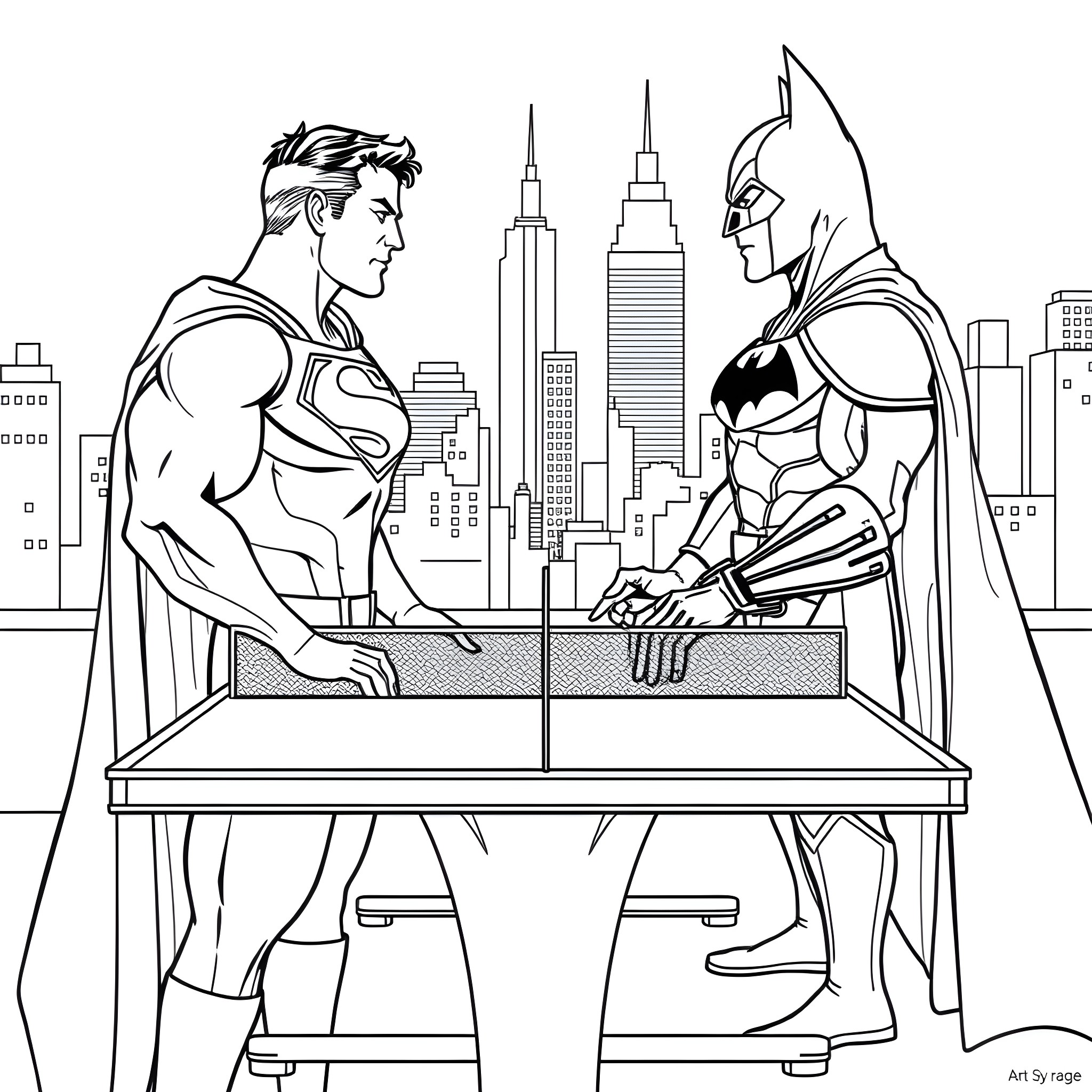 Superhero Duo Discussing Plans in City Skyline Coloring Page (free black-and-white line drawing printable PDF for all, from beginners to advanced learners, including children, teens, adults, and seniors)