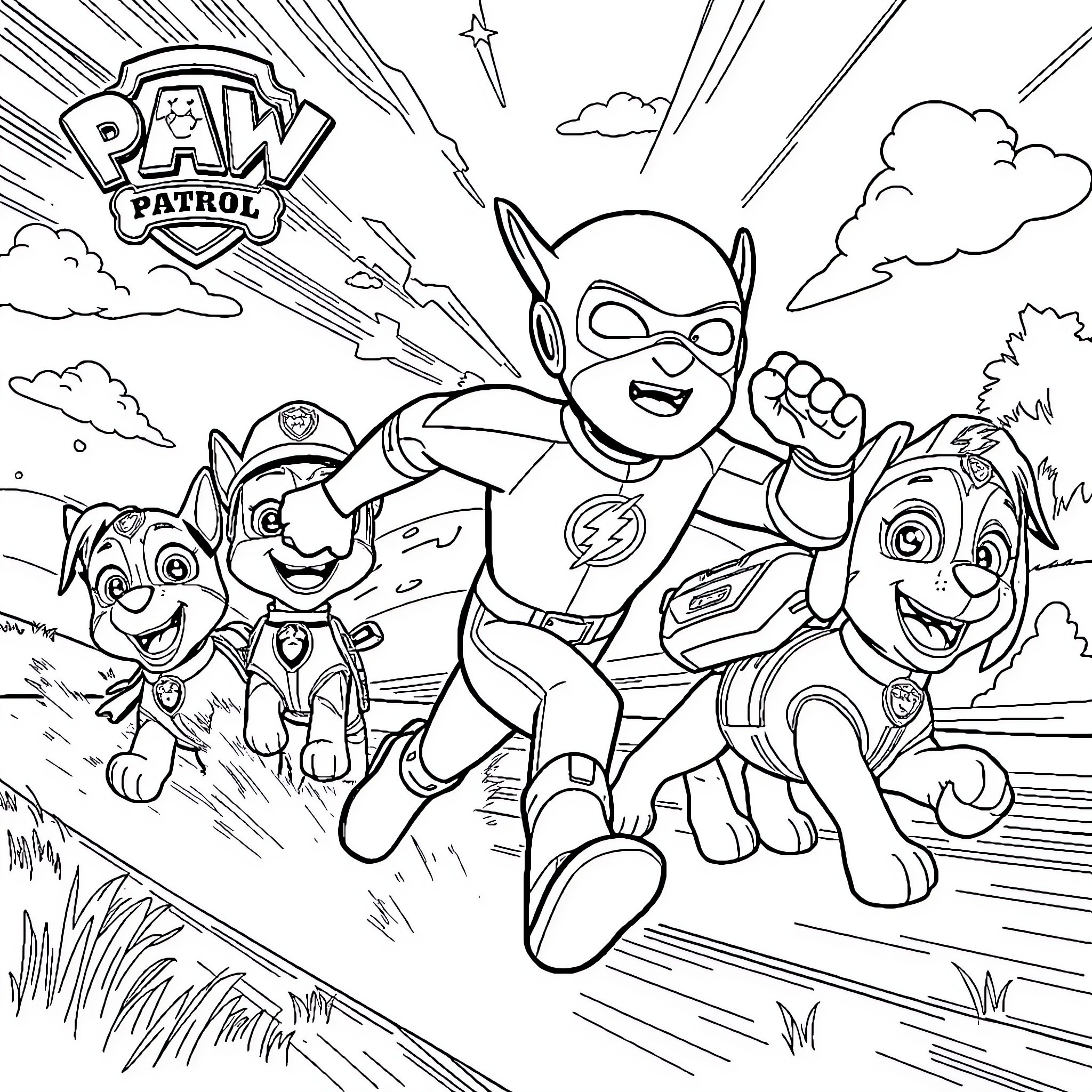 Flash Mac and Paw Patrol heroes in action Coloring Page (free black-and-white line drawing printable PDF for all, from beginners to advanced learners, including children, teens, adults, and seniors)