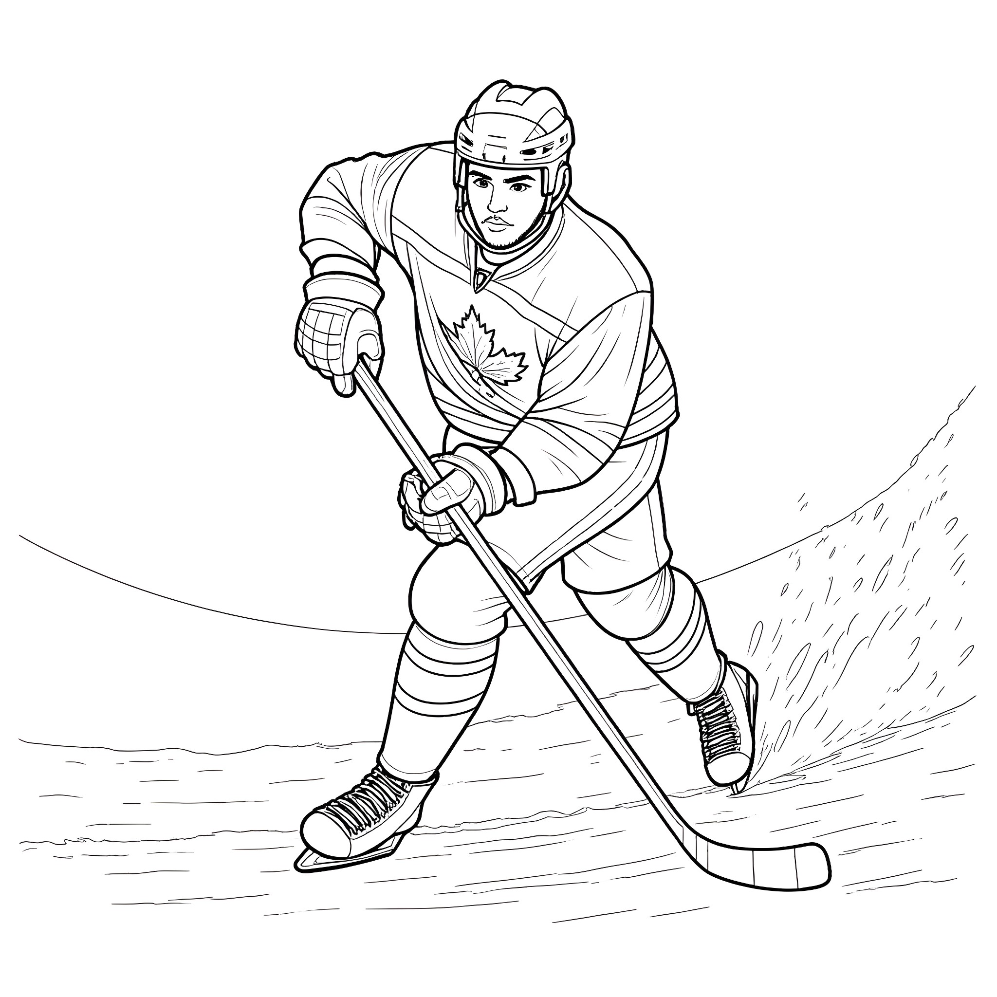 Hockey Player in Action on the Ice Coloring Page (free black-and-white line drawing printable PDF for all, from beginners to advanced learners, including children, teens, adults, and seniors)