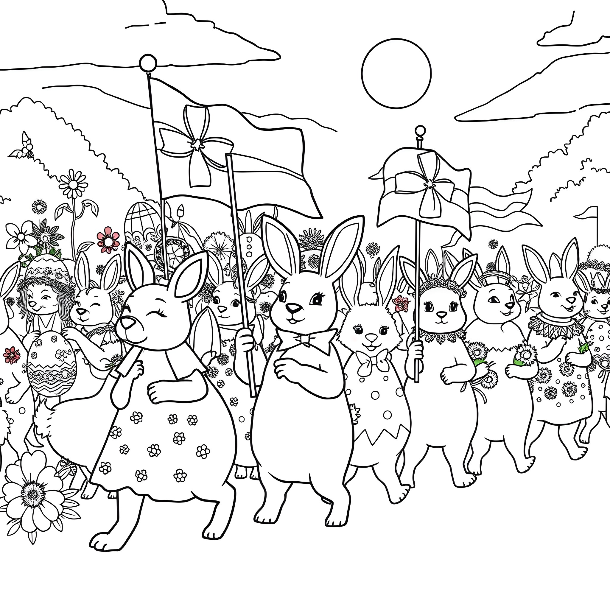 Animal characters marching in parade with flags and flowers Coloring Page (free black-and-white line drawing printable PDF for all, from beginners to advanced learners, including children, teens, adults, and seniors)