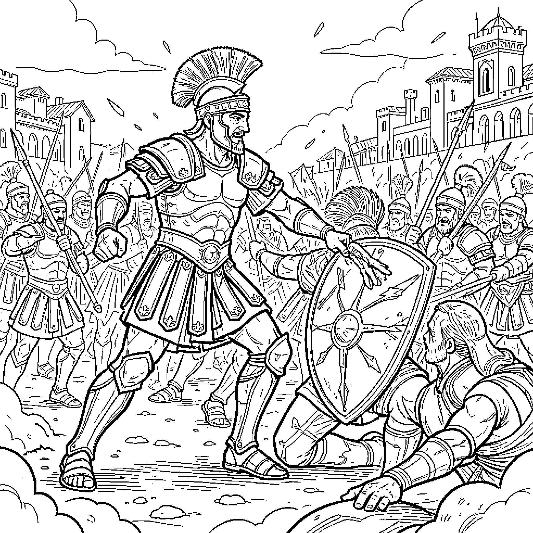 Guerrero's Triumphant March Through the Ancient City Coloring Page (free black-and-white line drawing printable PDF for all, from beginners to advanced learners, including children, teens, adults, and seniors)