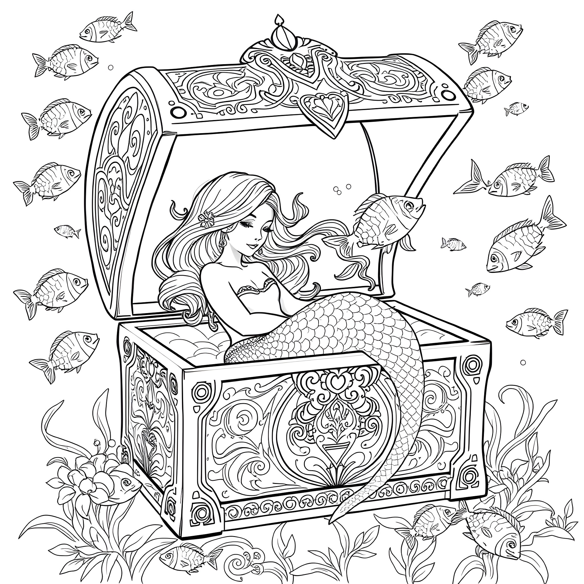 Mermaid resting in an ornate treasure chest Coloring Page (free black-and-white line drawing printable PDF for all, from beginners to advanced learners, including children, teens, adults, and seniors)
