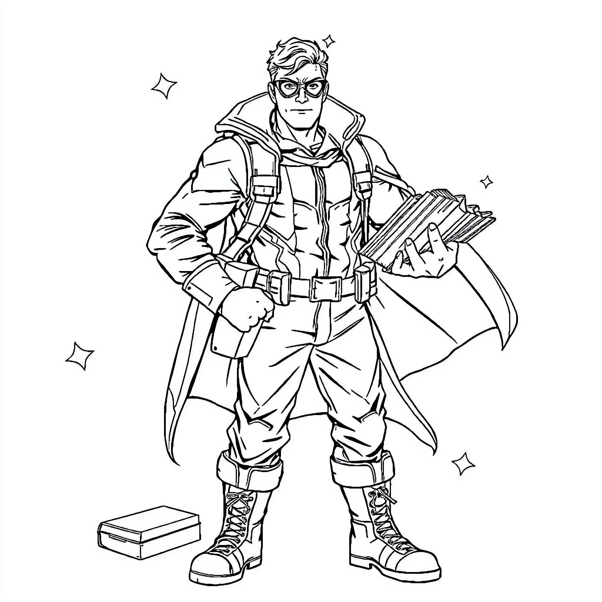 Superhero in Futuristic Gear Holding a Gadget Coloring Page (free black-and-white line drawing printable PDF for all, from beginners to advanced learners, including children, teens, adults, and seniors)