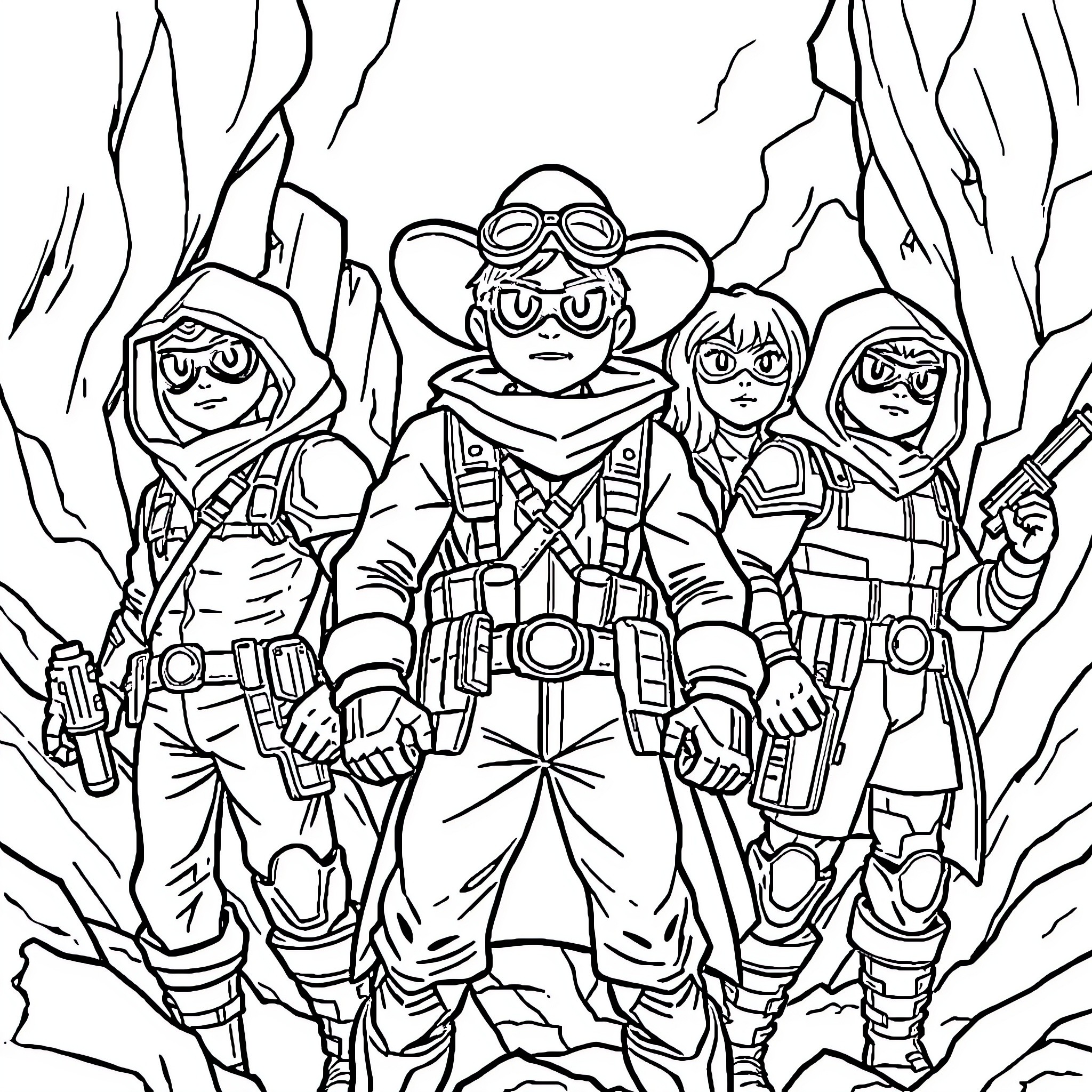 Action Character Squad in Intense Battle Gear Coloring Page (free black-and-white line drawing printable PDF for all, from beginners to advanced learners, including children, teens, adults, and seniors)